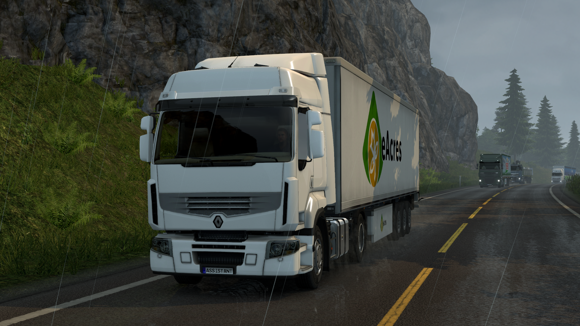 White truck with eAcres trailer on a wet road HD Wallpaper