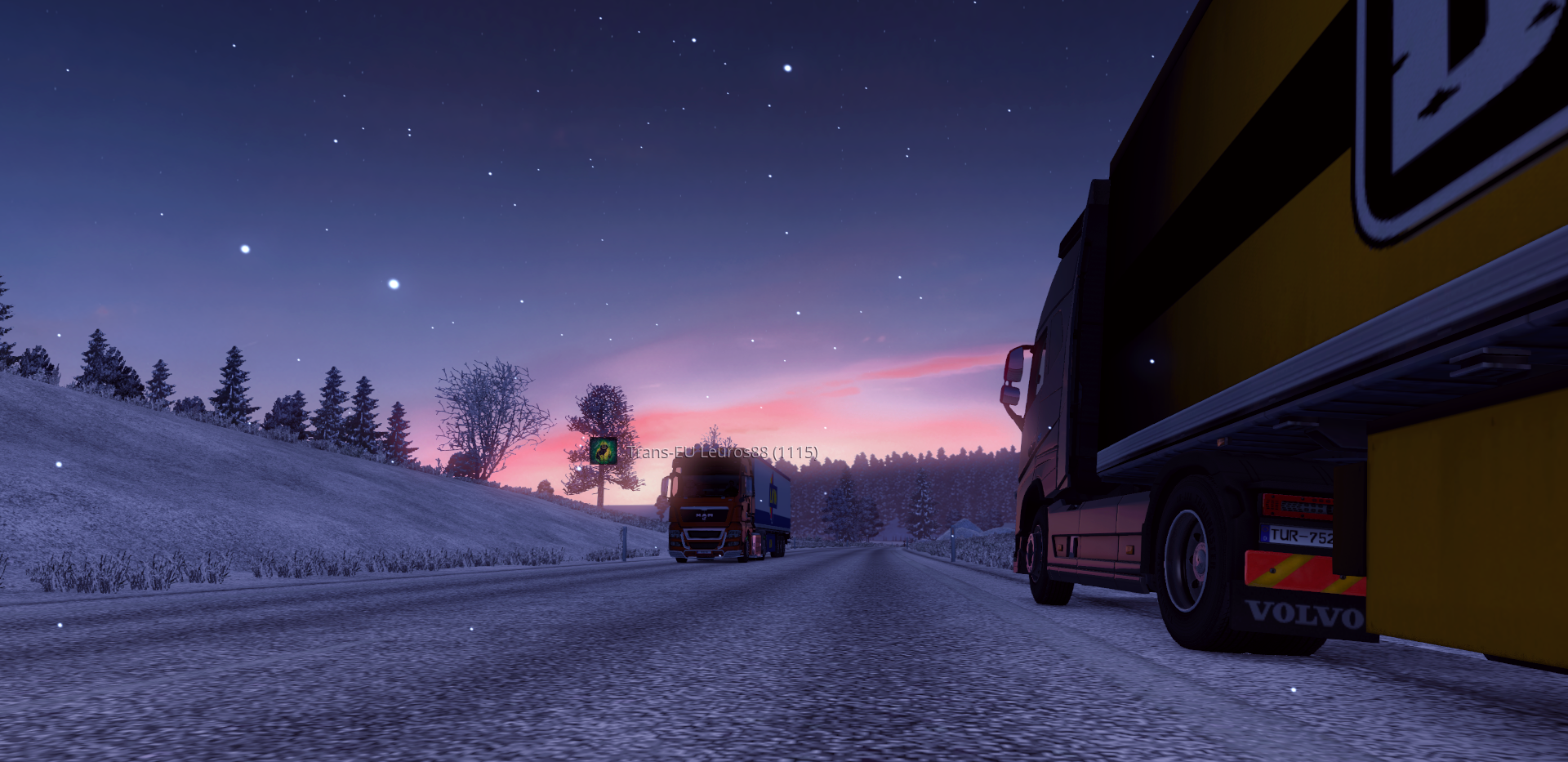 Trucks on a snowy road at dusk HD Wallpaper