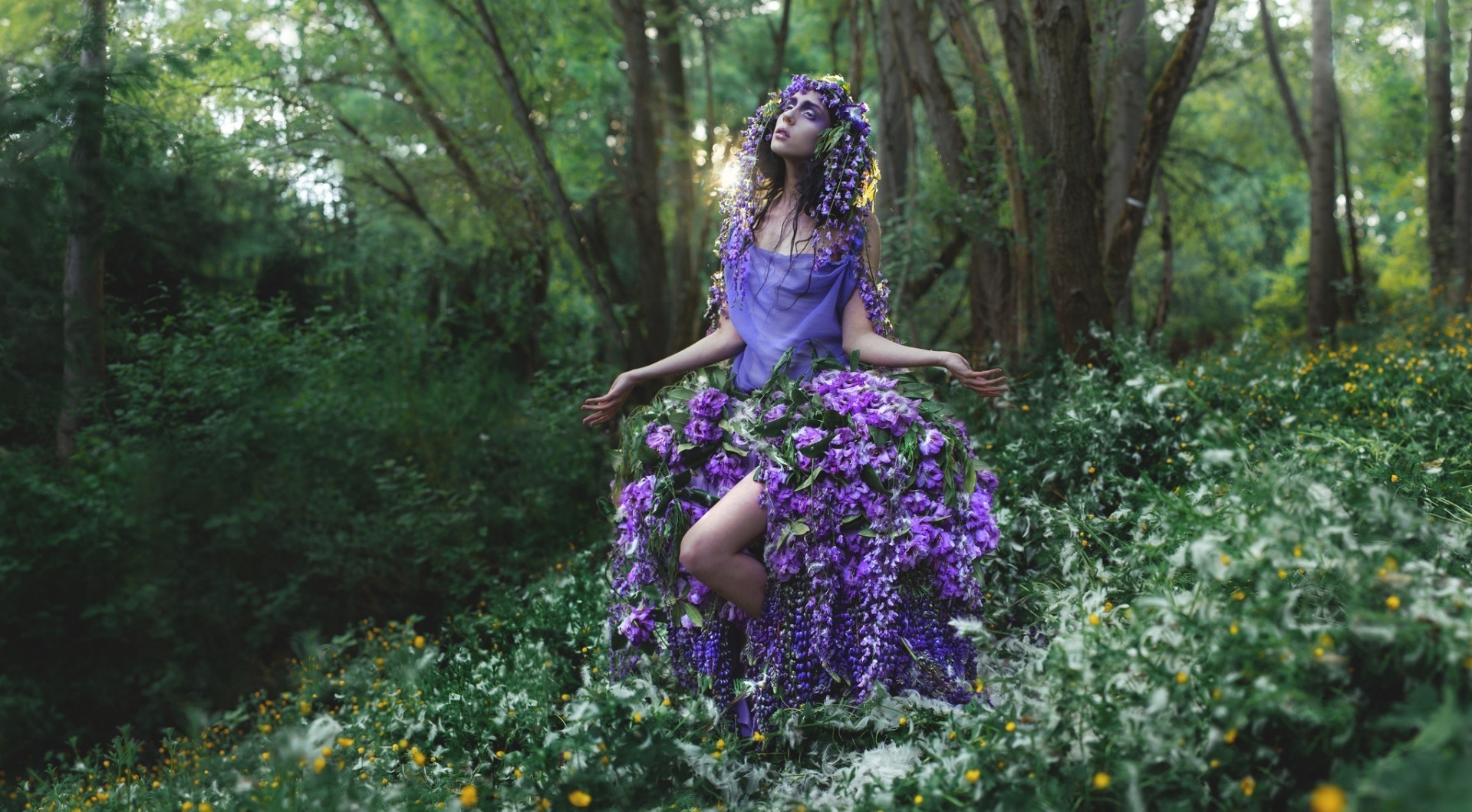 Woman in purple flower dress in a forest HD Wallpaper