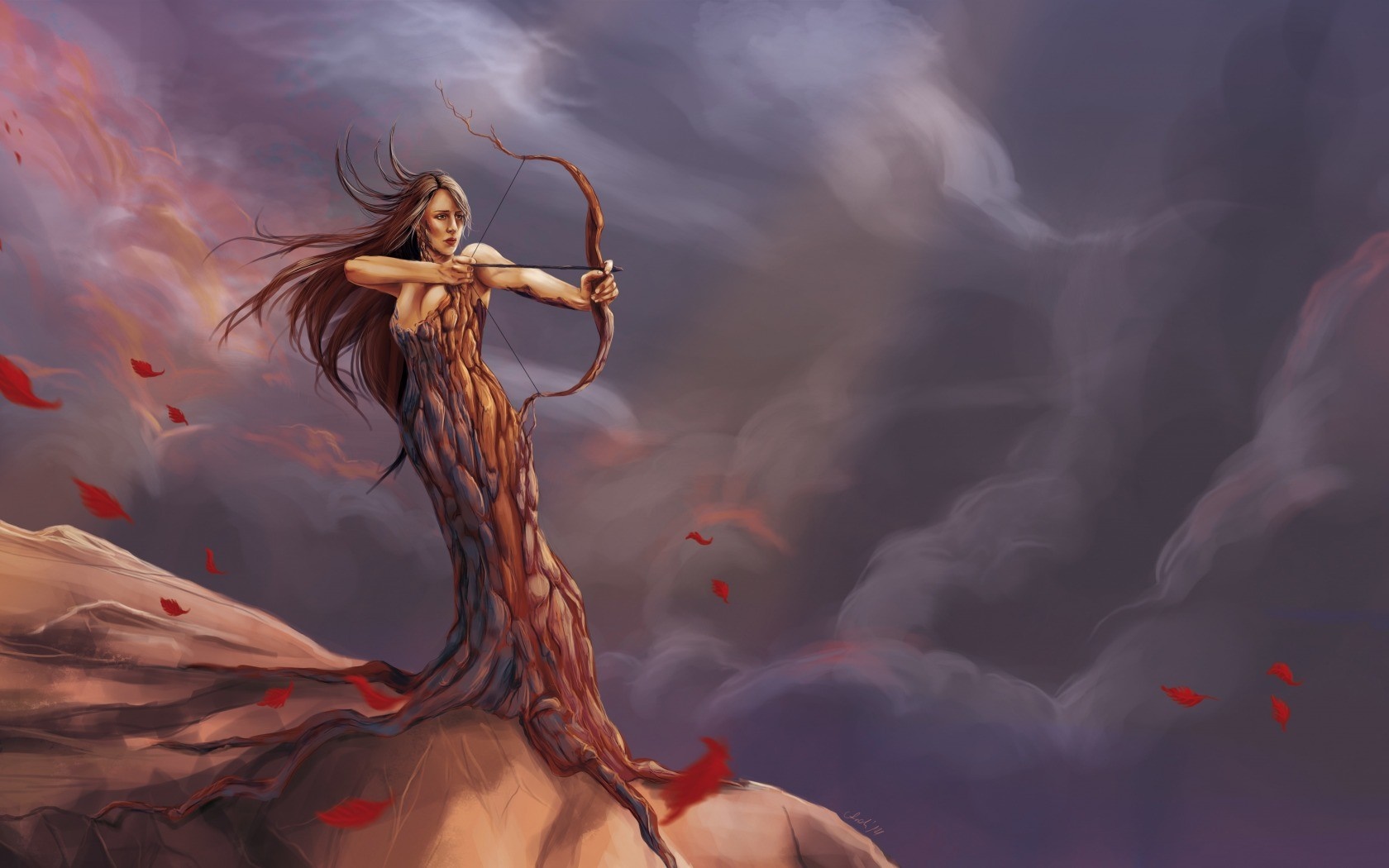 Fantasy archer with tree-like body on a cliff HD Wallpaper