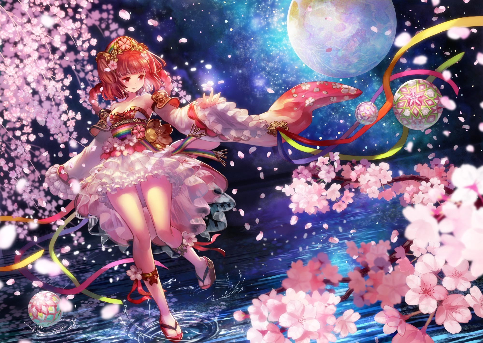 Anime girl with cherry blossoms and moon HD Wallpaper