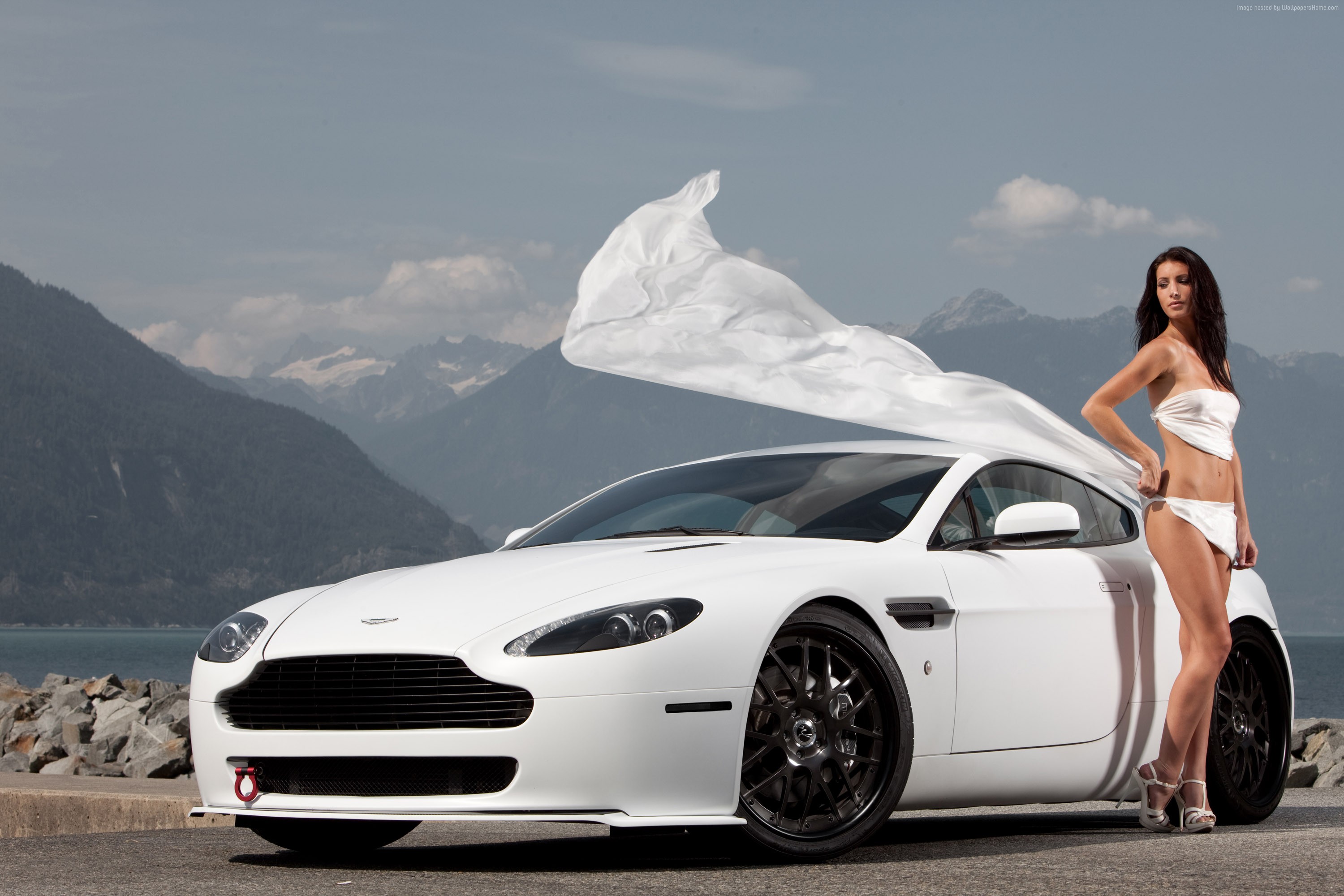 Woman in bikini and white Aston Martin V8 Vantage HD Wallpaper
