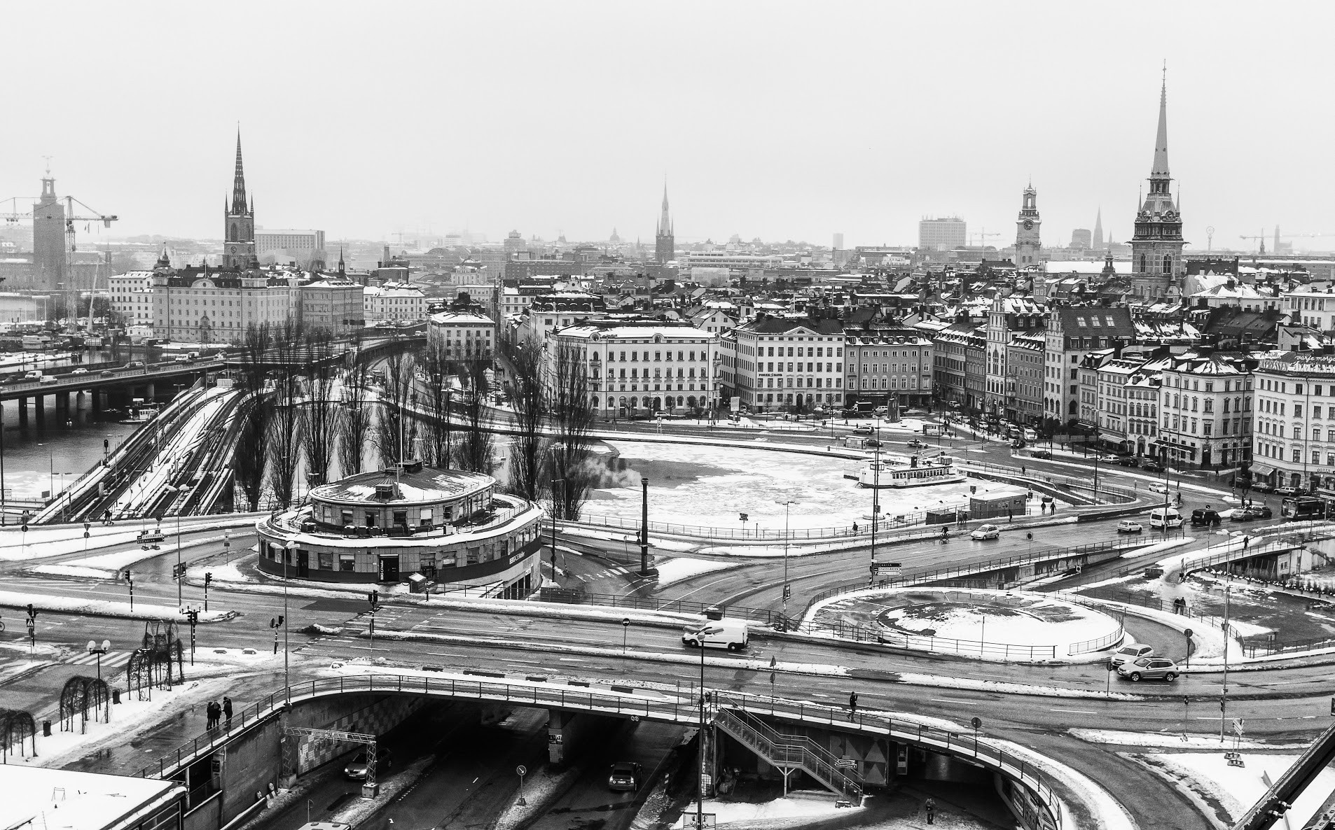 Stockholm cityscape with snow and bridges HD Wallpaper