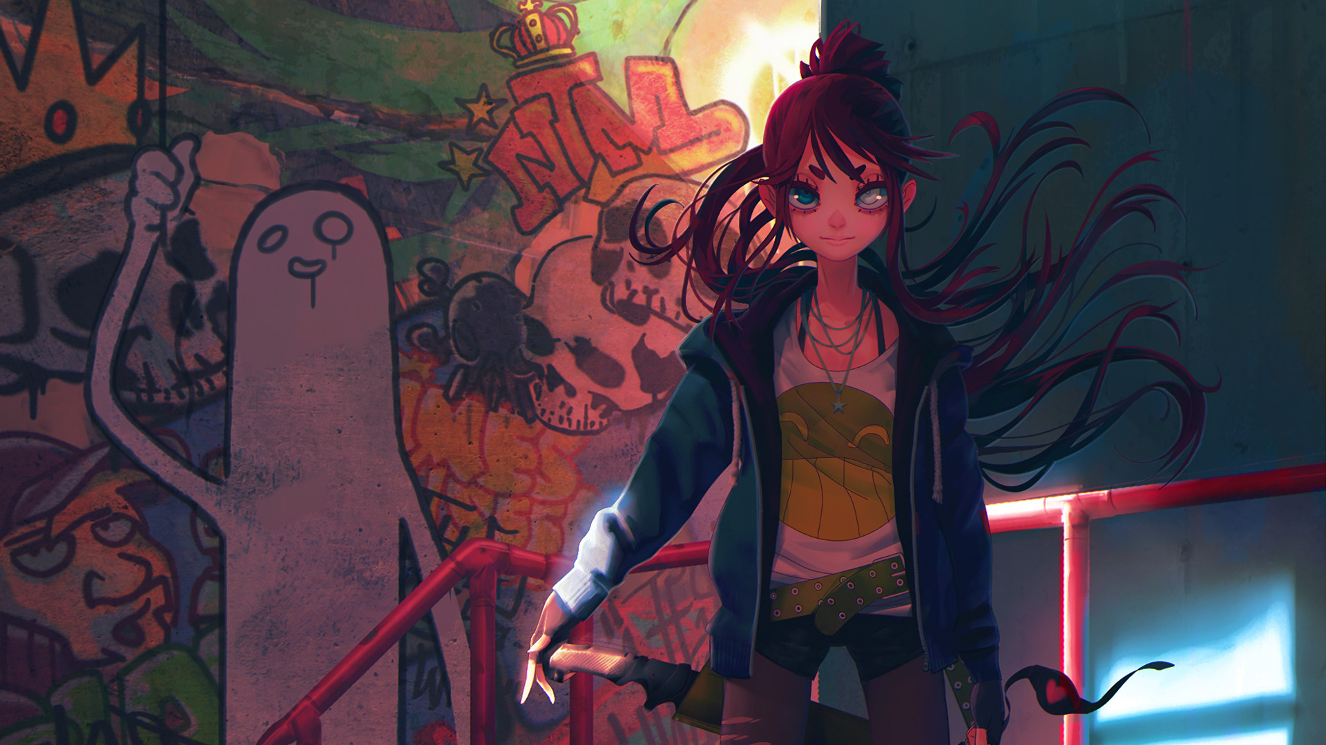 Anime characters with swords and graffiti art HD Wallpaper