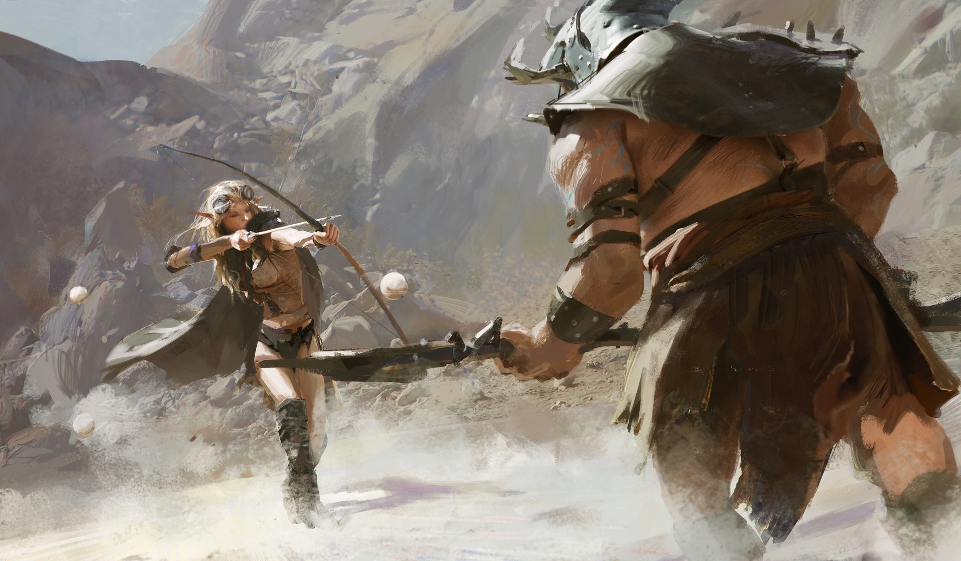 Elf archer fighting a giant warrior in a desert landscape HD Wallpaper