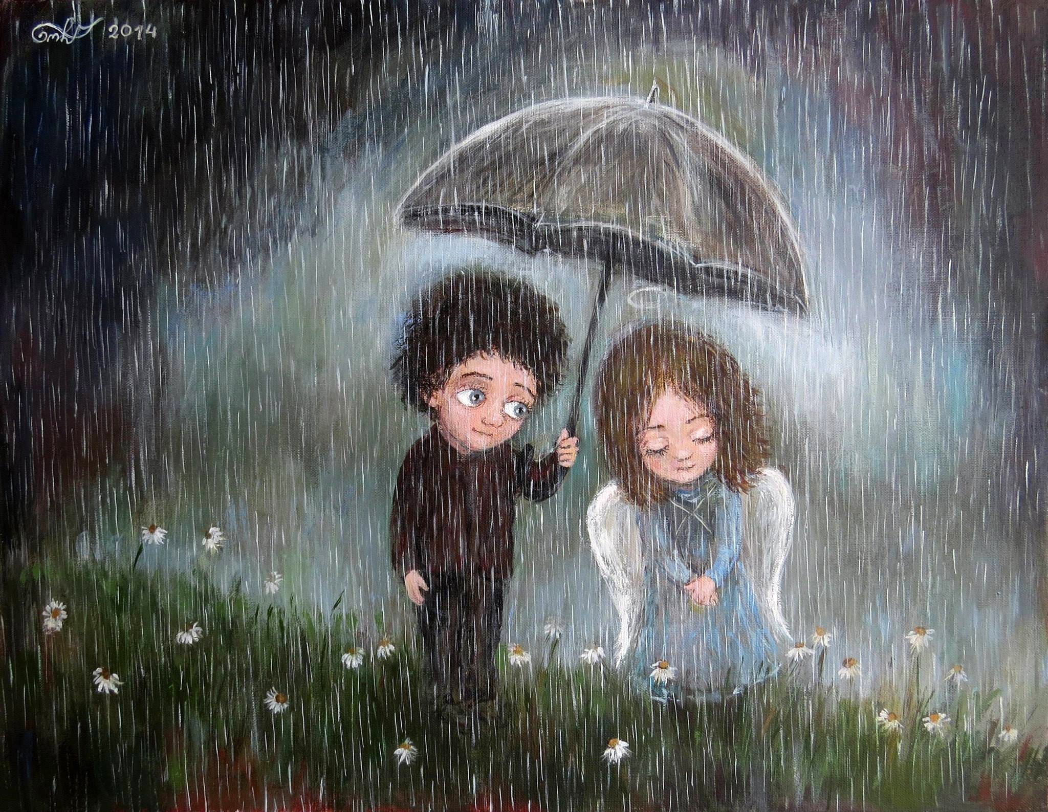 Painting of a boy holding an umbrella over an angel in the rain HD Wallpaper