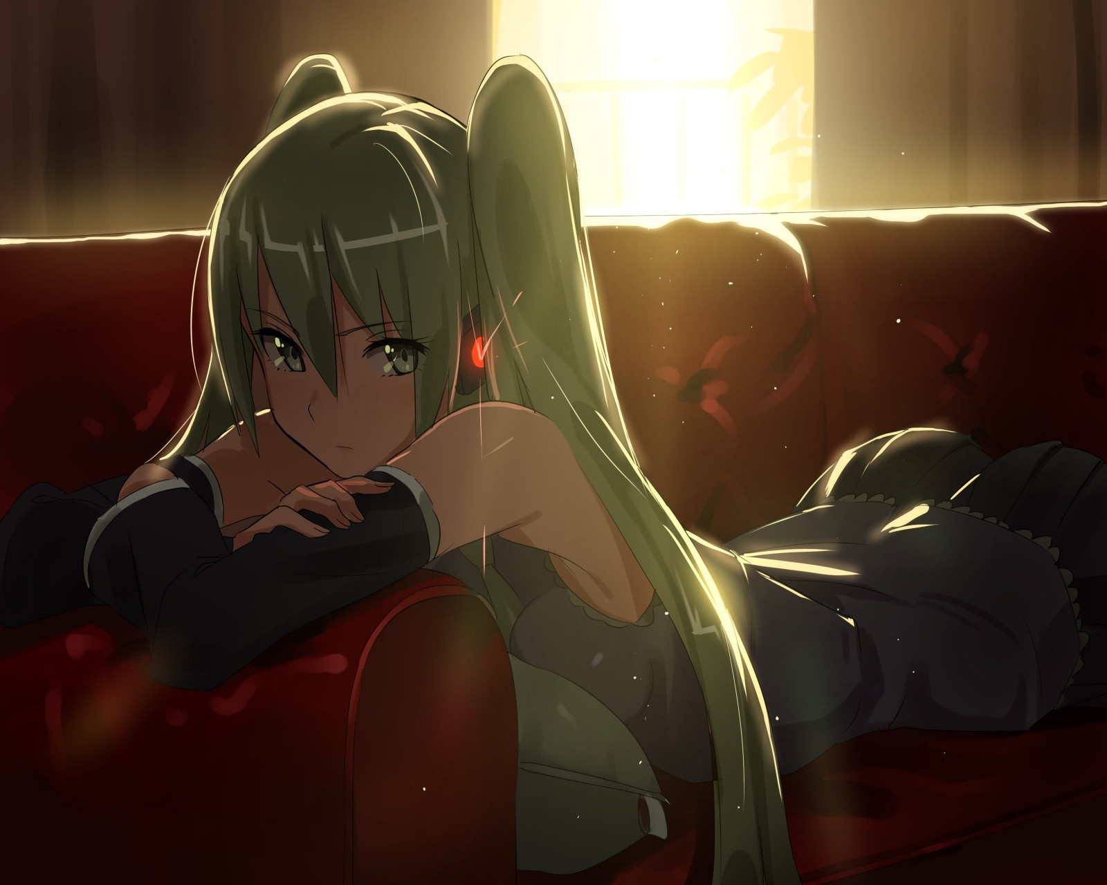Hatsune Miku from Vocaloid lying on a couch HD Wallpaper