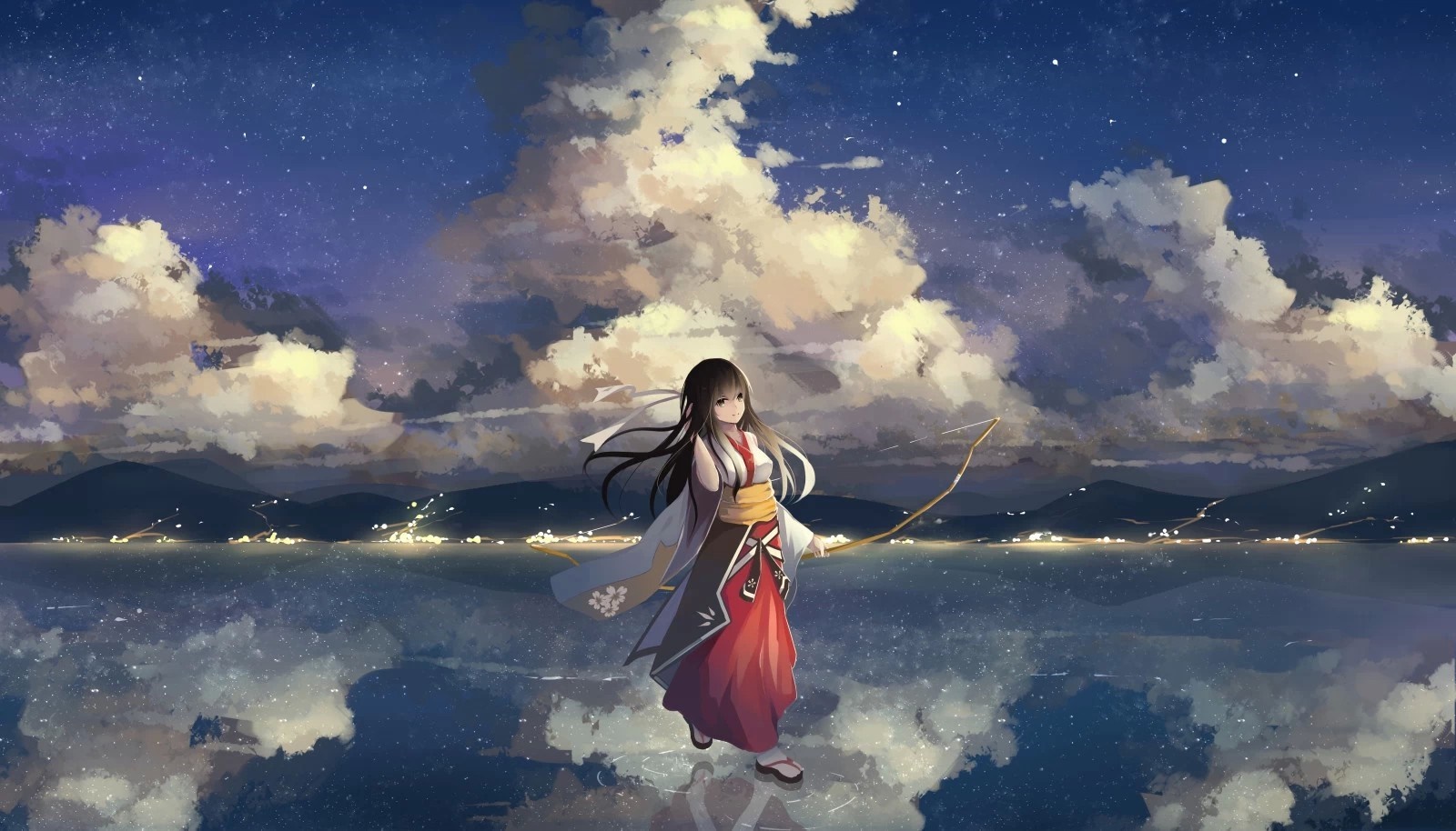 Anime girl with bow and arrow by the water HD Wallpaper