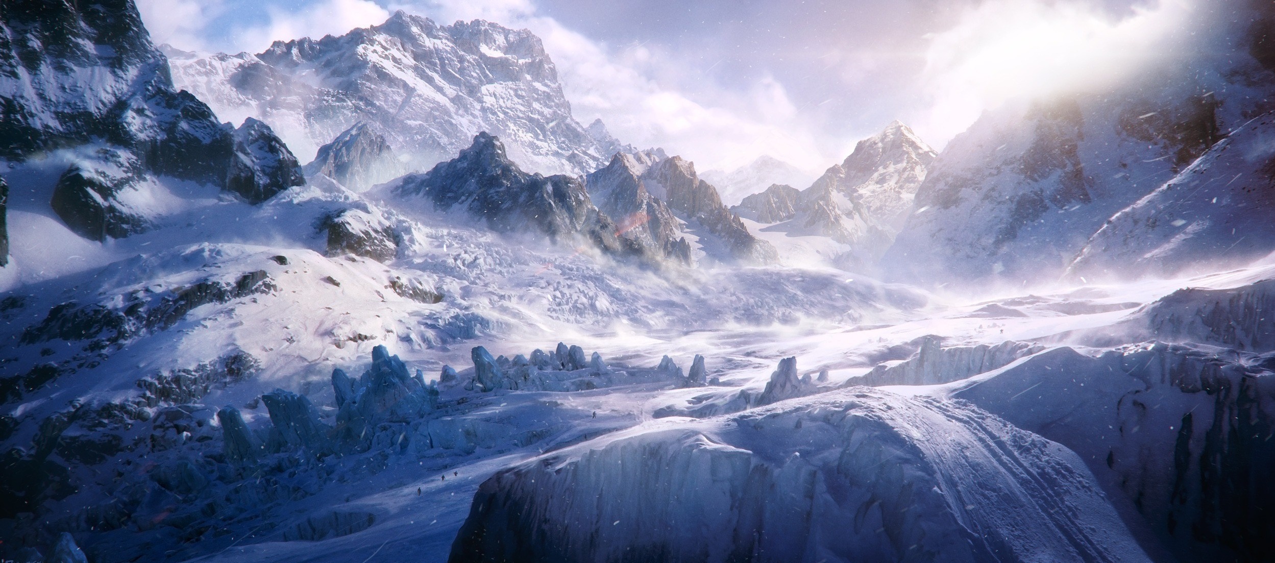 Snowy mountain range with glaciers and wind HD Wallpaper