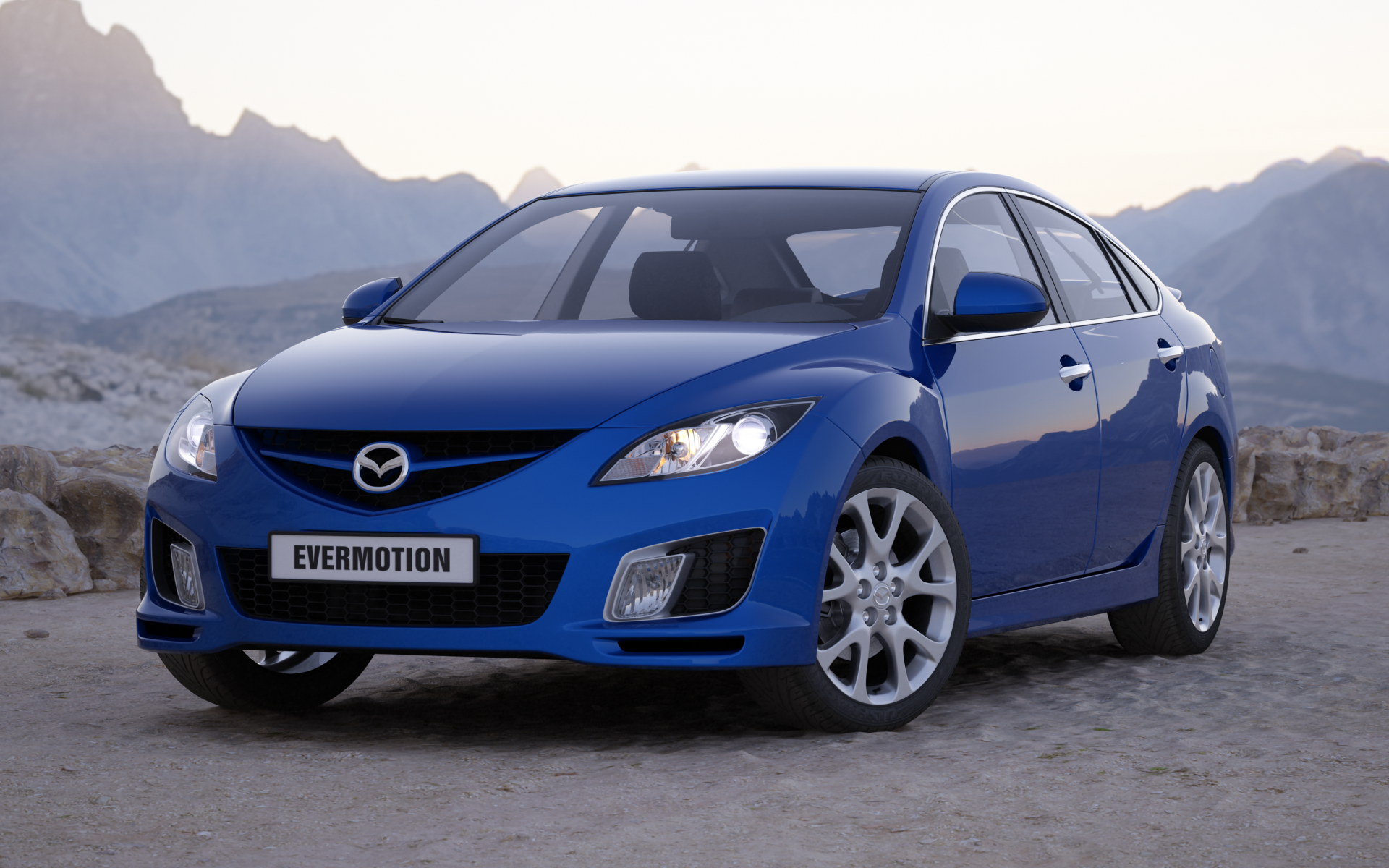 Blue Mazda 6 Sedan with 'EVERMOTION' plate HD Wallpaper
