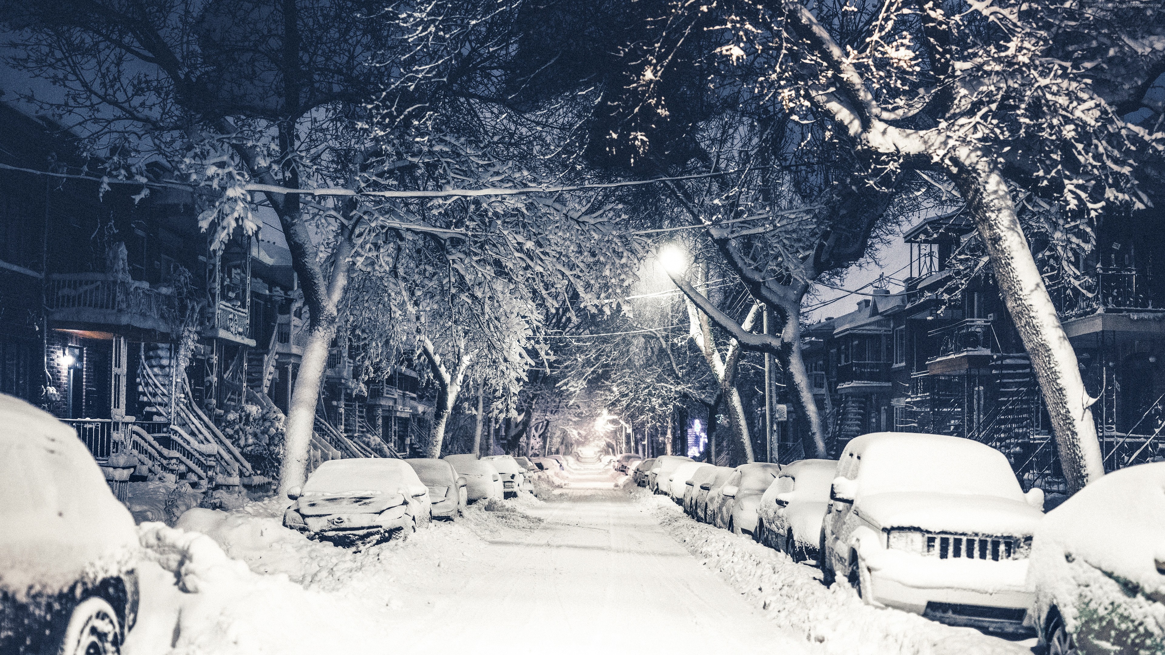 Snow covered street in New York at night HD Wallpaper