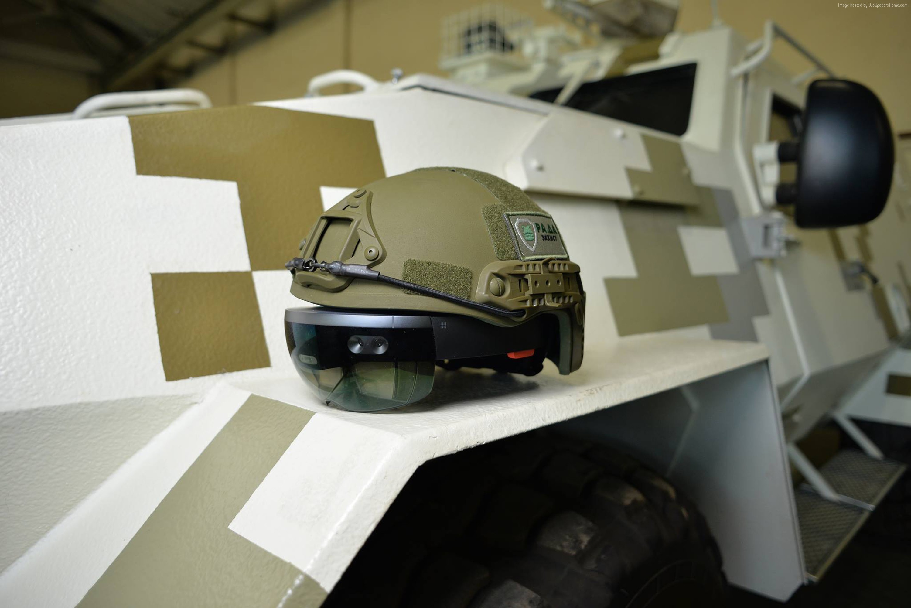 Military helmet with HoloLens on armored vehicle HD Wallpaper