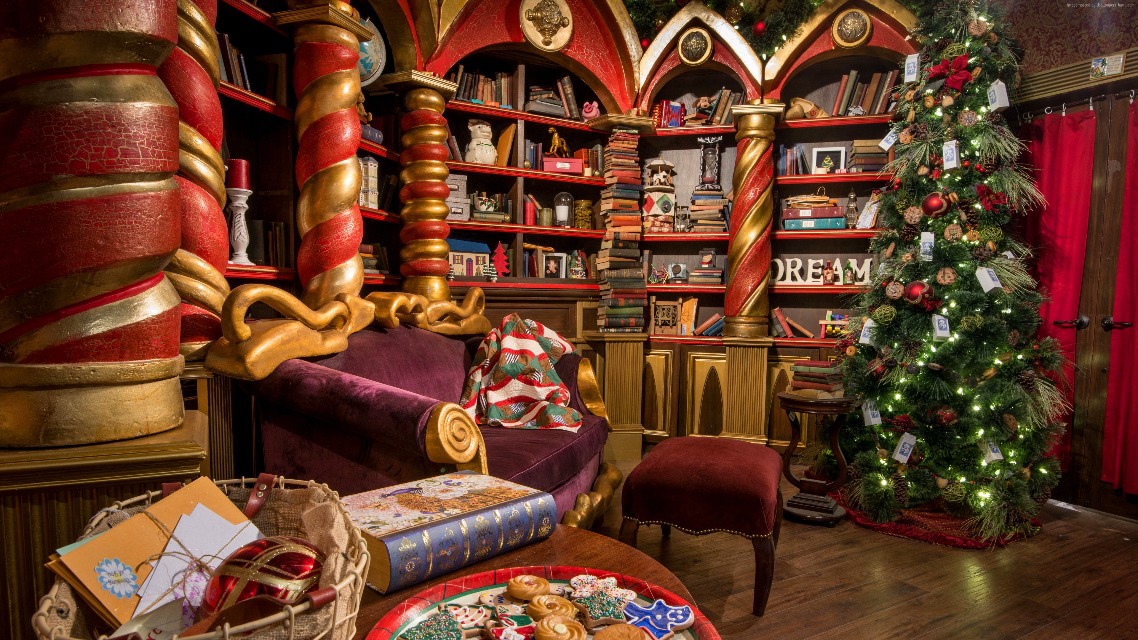 Christmas decorated room with Santa's workshop elements HD Wallpaper