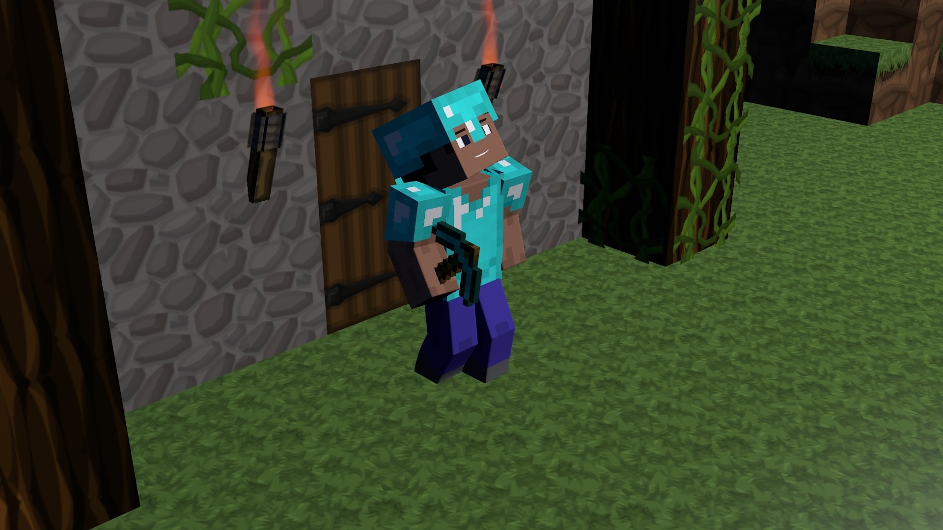 Minecraft character in diamond armor holding a pickaxe HD Wallpaper