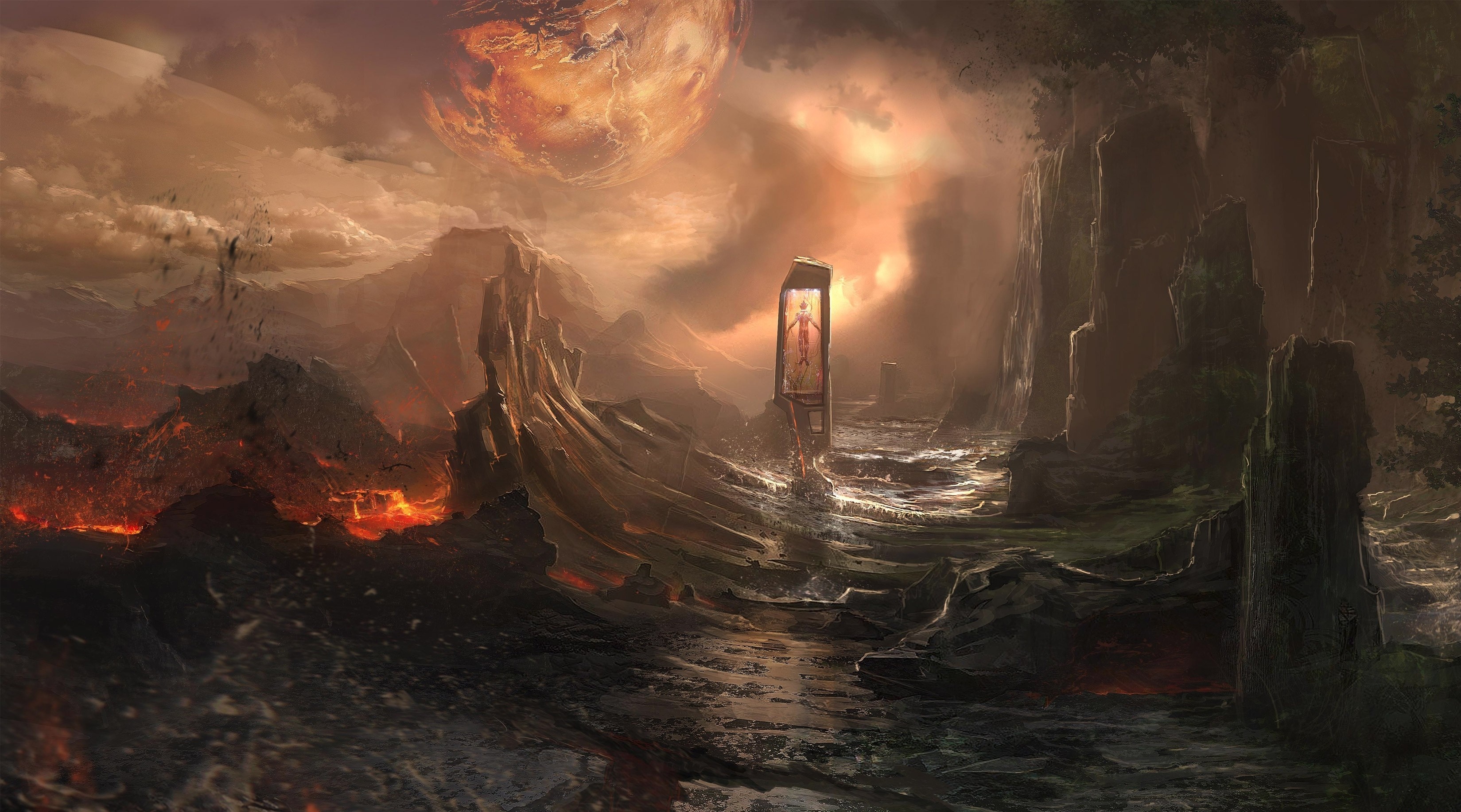 Fantasy landscape with lava and a monolith HD Wallpaper