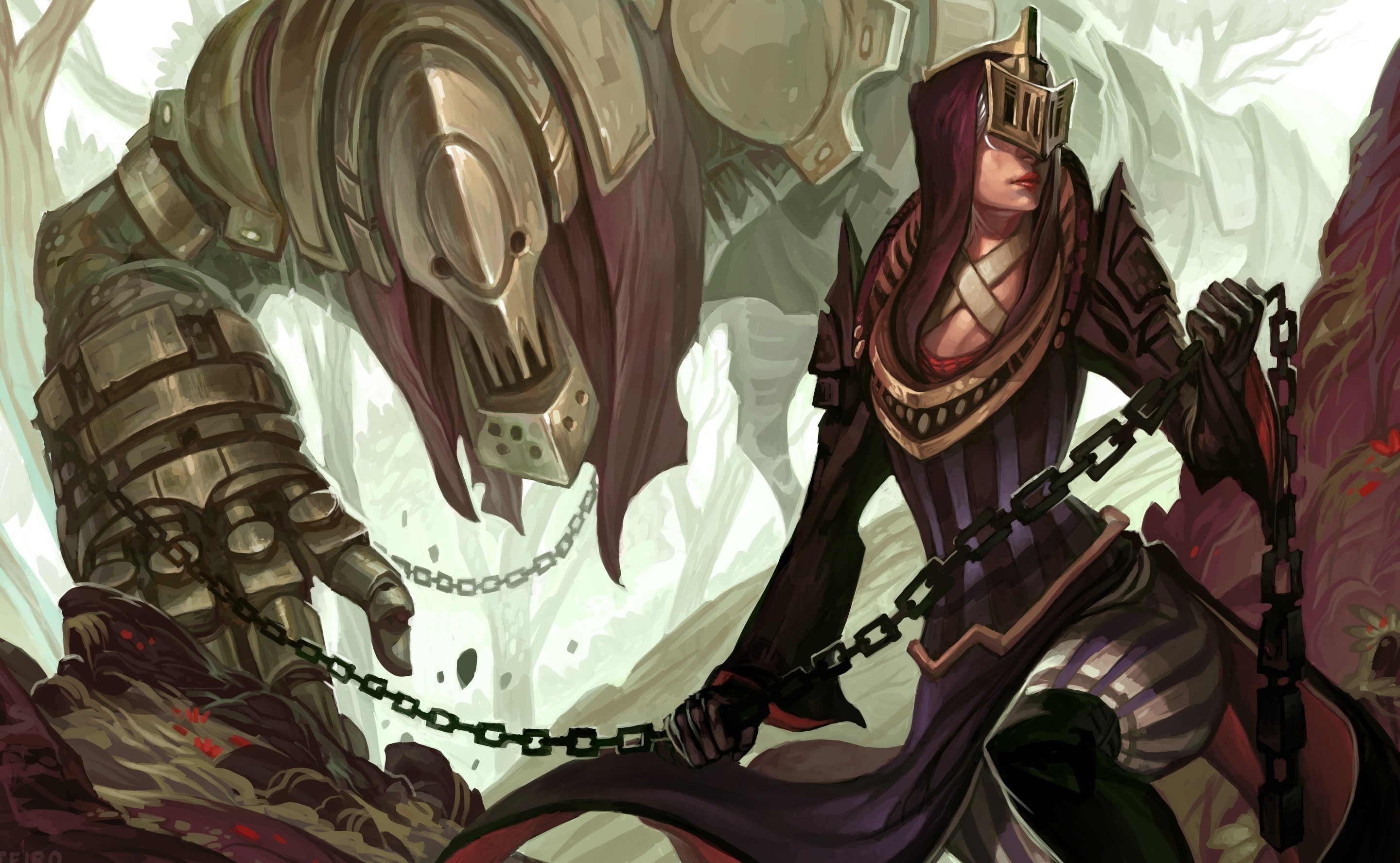 Person in armor with a chained creature HD Wallpaper