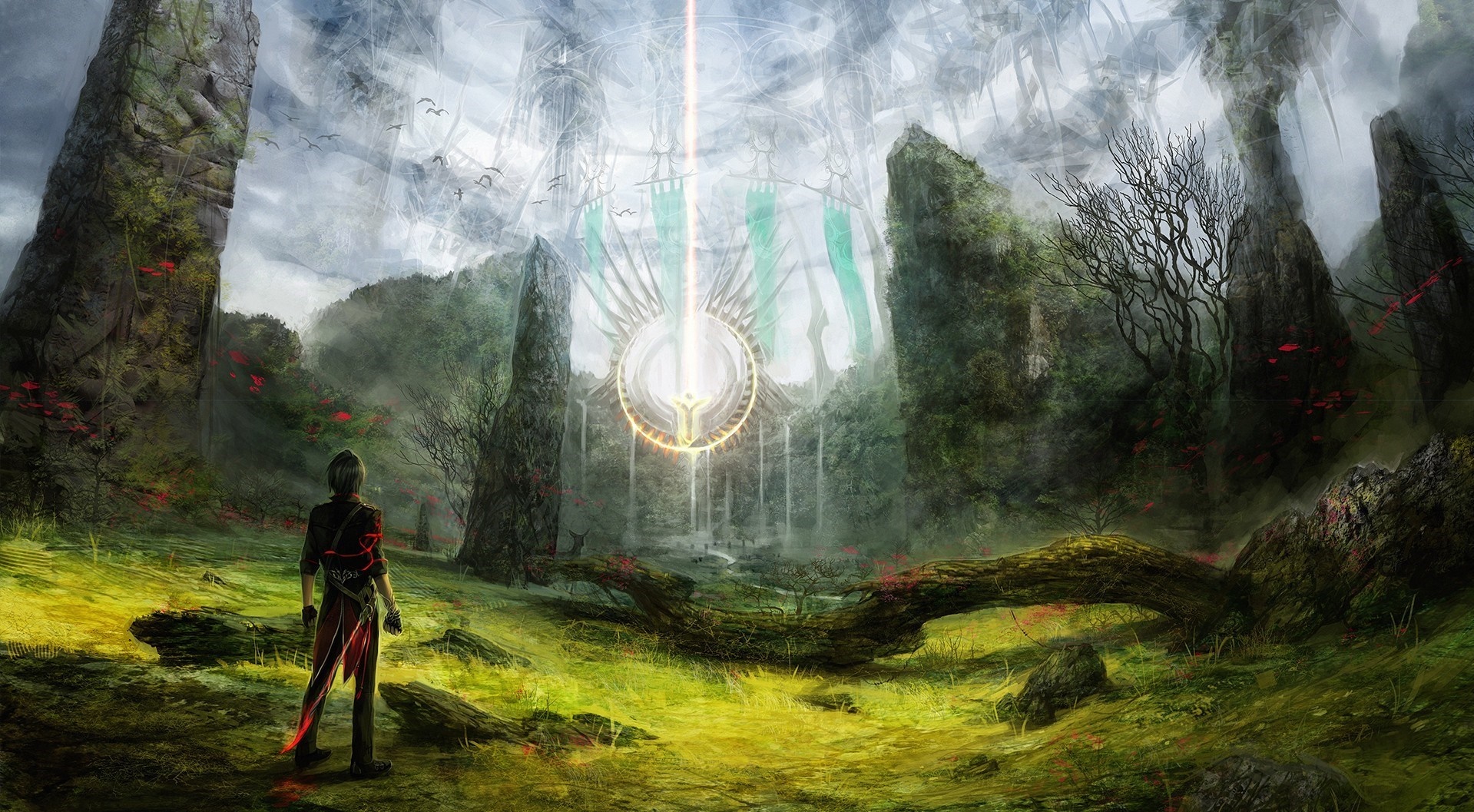 Fantasy landscape with a glowing portal and a lone figure HD Wallpaper