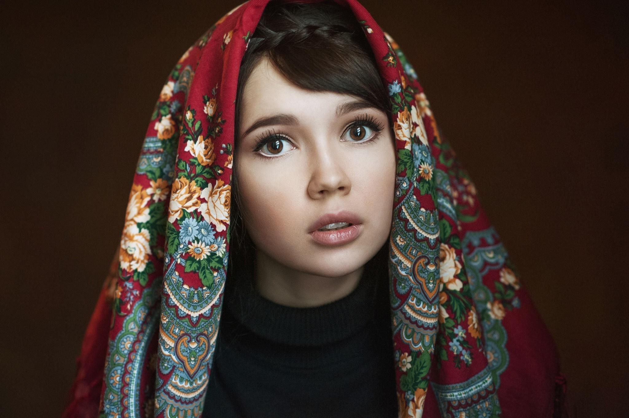 Portrait of a young woman with a floral headscarf HD Wallpaper