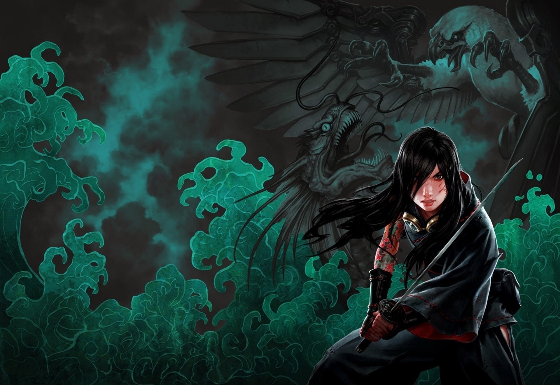 Warrior with sword and mythical creatures from The Lotus War HD Wallpaper