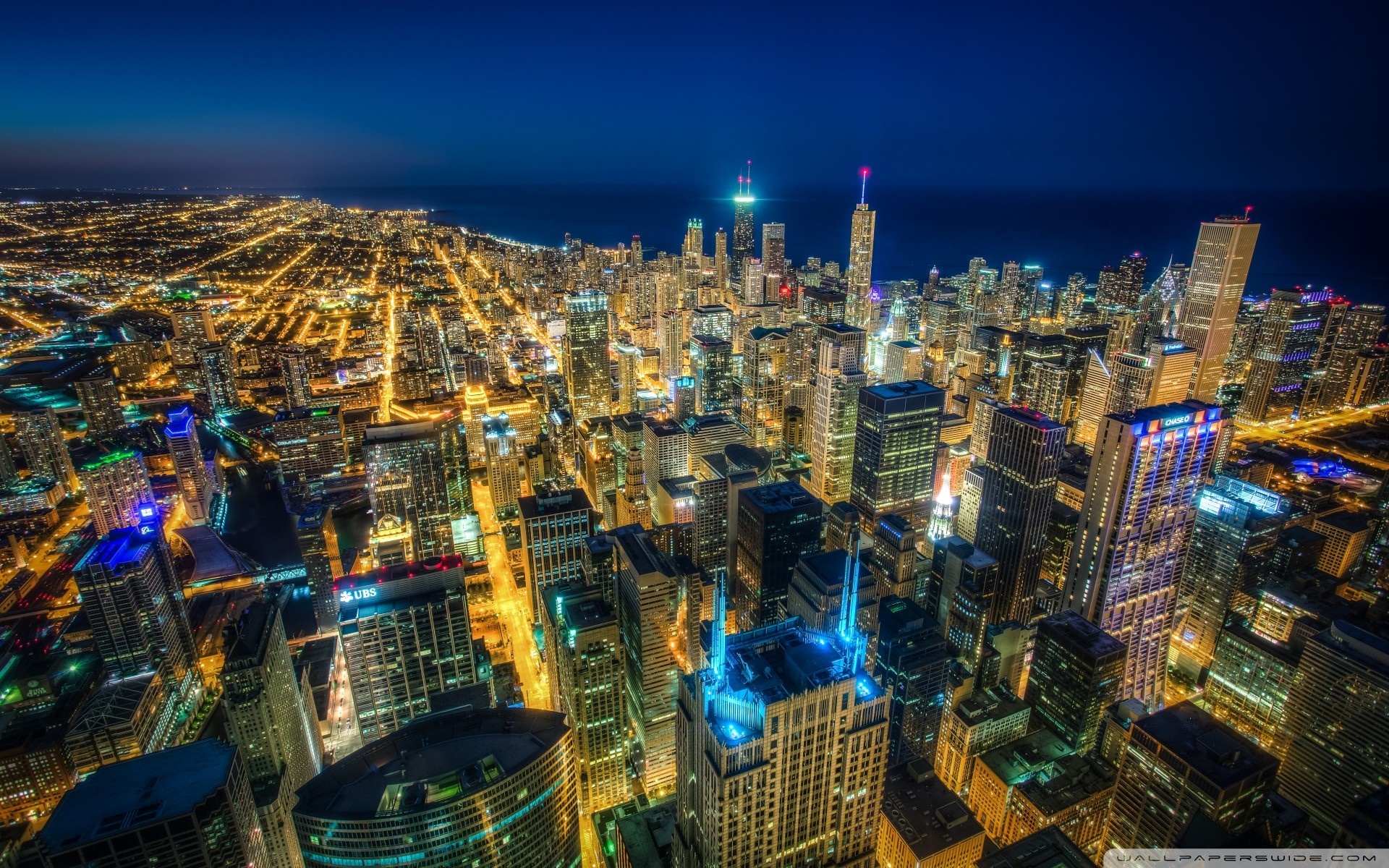 Chicago cityscape at night from above HD Wallpaper