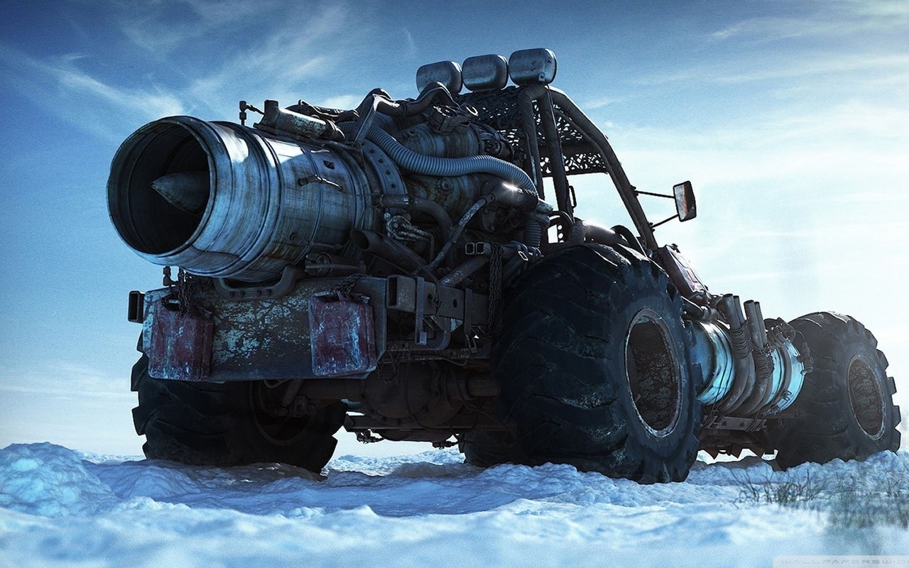 Jet-powered buggy in a snowy landscape HD Wallpaper