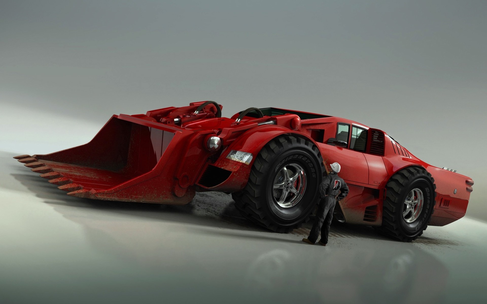Red Ford Concept Loader-Car with Man Standing HD Wallpaper