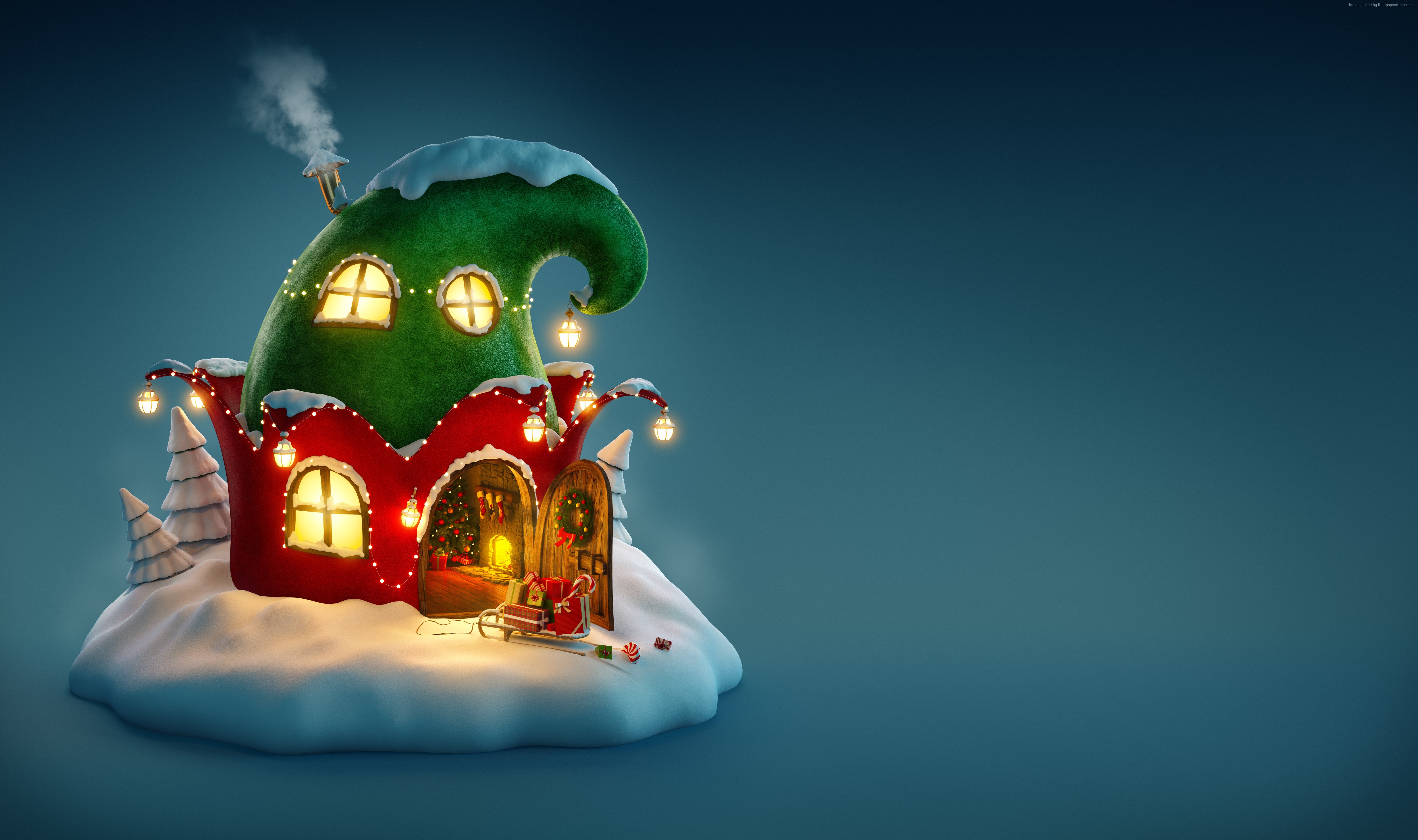 Christmas elf house with Santa's sleigh HD Wallpaper