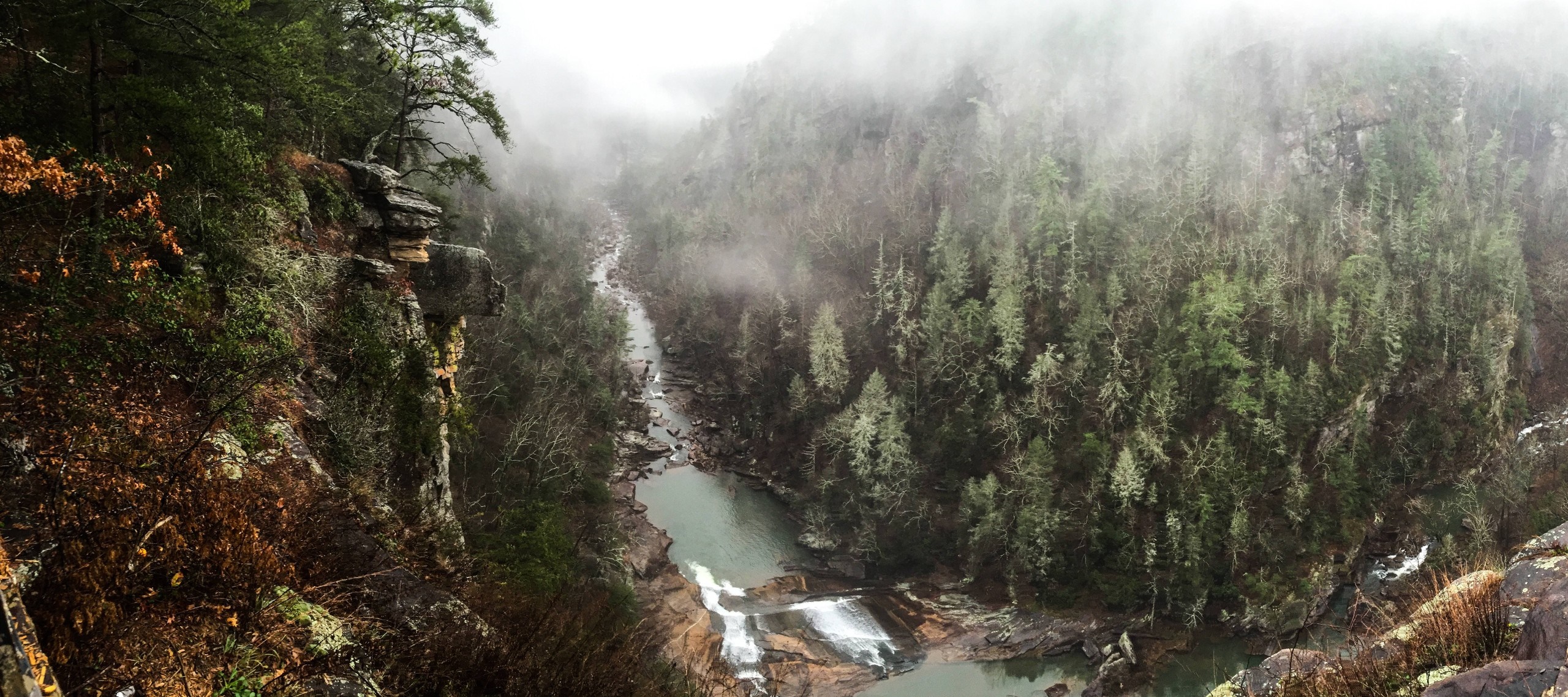 Tallulah Gorge with waterfall and misty forest HD Wallpaper