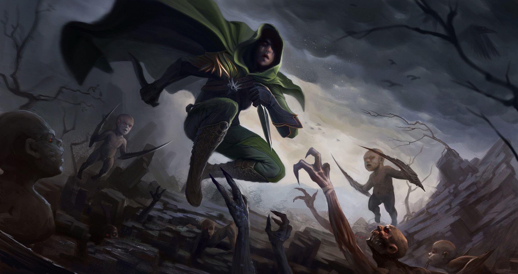 Fantasy warrior with knives fighting monsters in a dark landscape HD Wallpaper