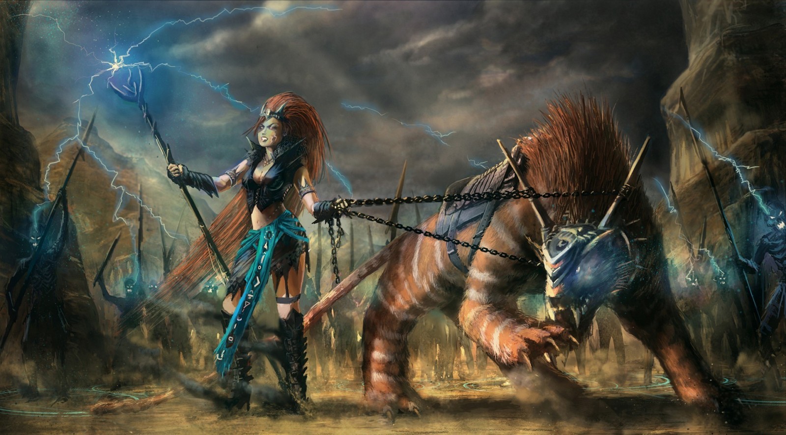 Fantasy art of a woman with a staff and a chained beast HD Wallpaper