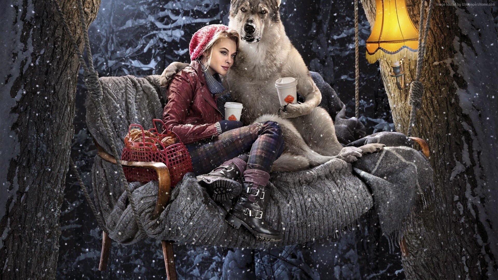 Red Riding Hood and wolf drinking coffee in winter forest HD Wallpaper