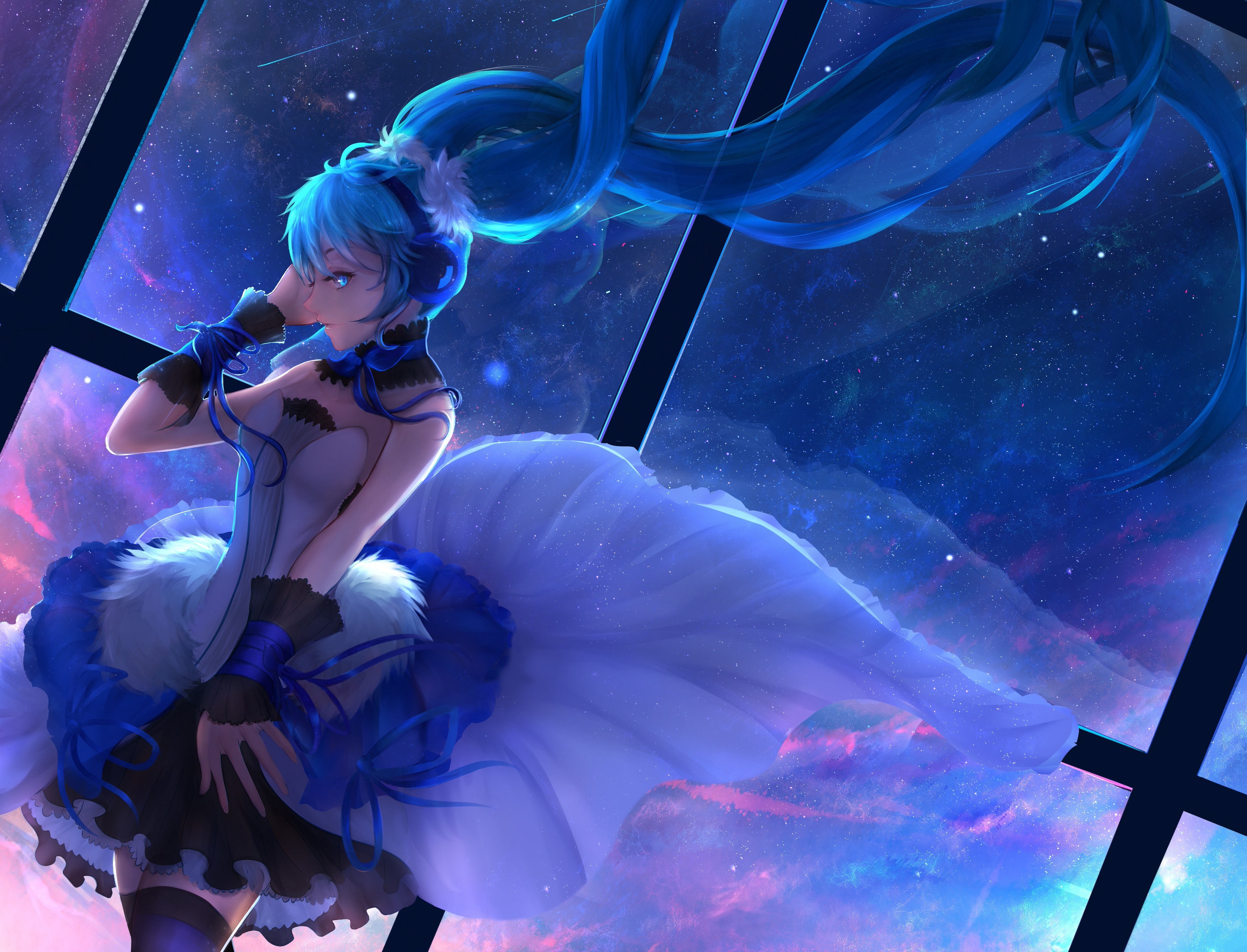 Hatsune Miku from Vocaloid in a starry window HD Wallpaper