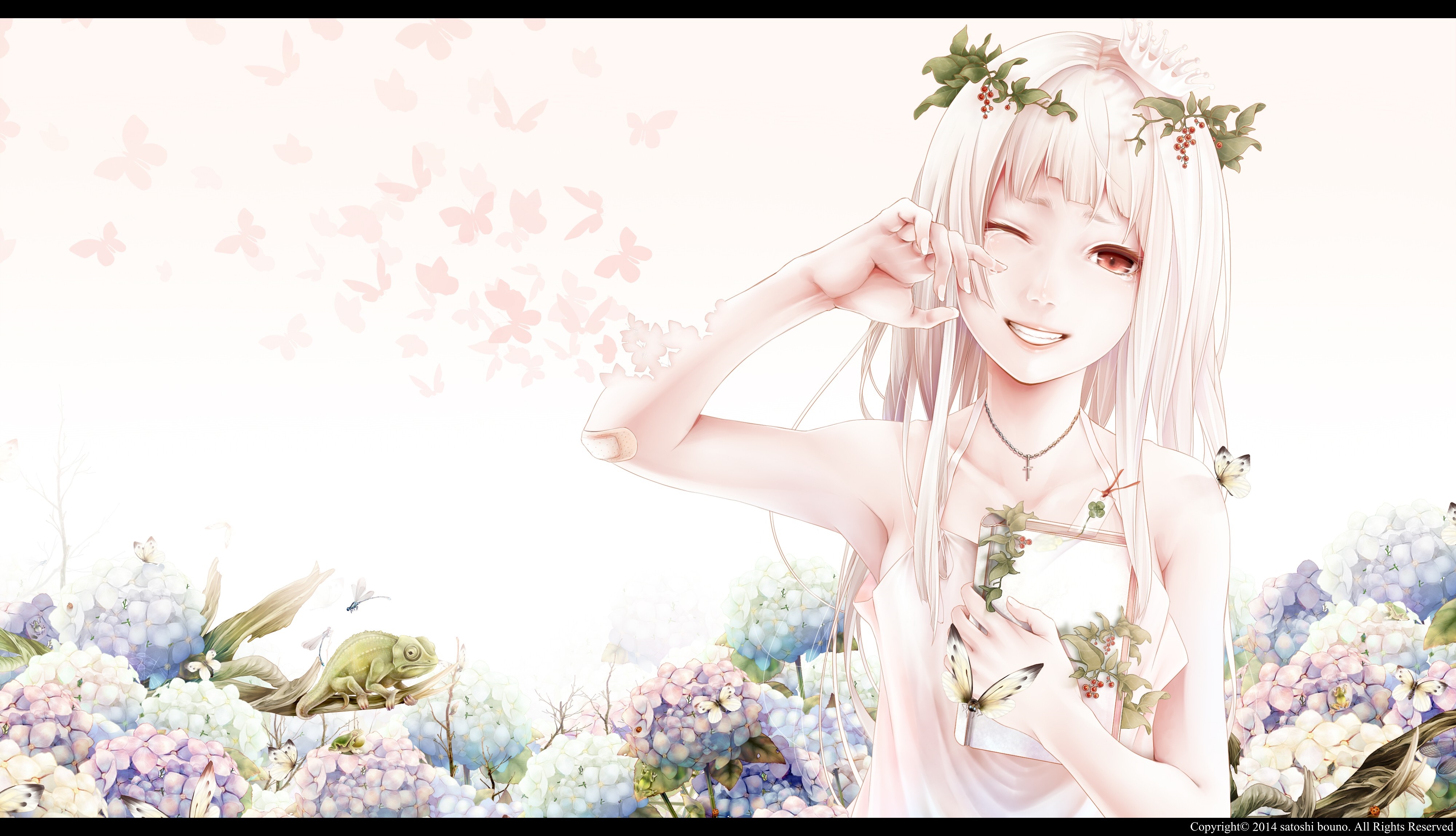 Anime girl with flowers and butterflies HD Wallpaper
