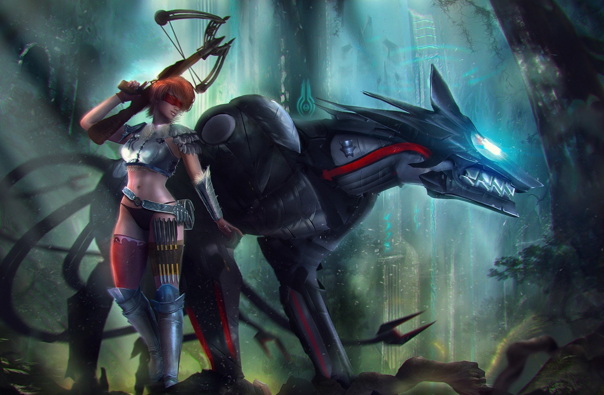 Anime girl with crossbow and mecha wolf in forest HD Wallpaper
