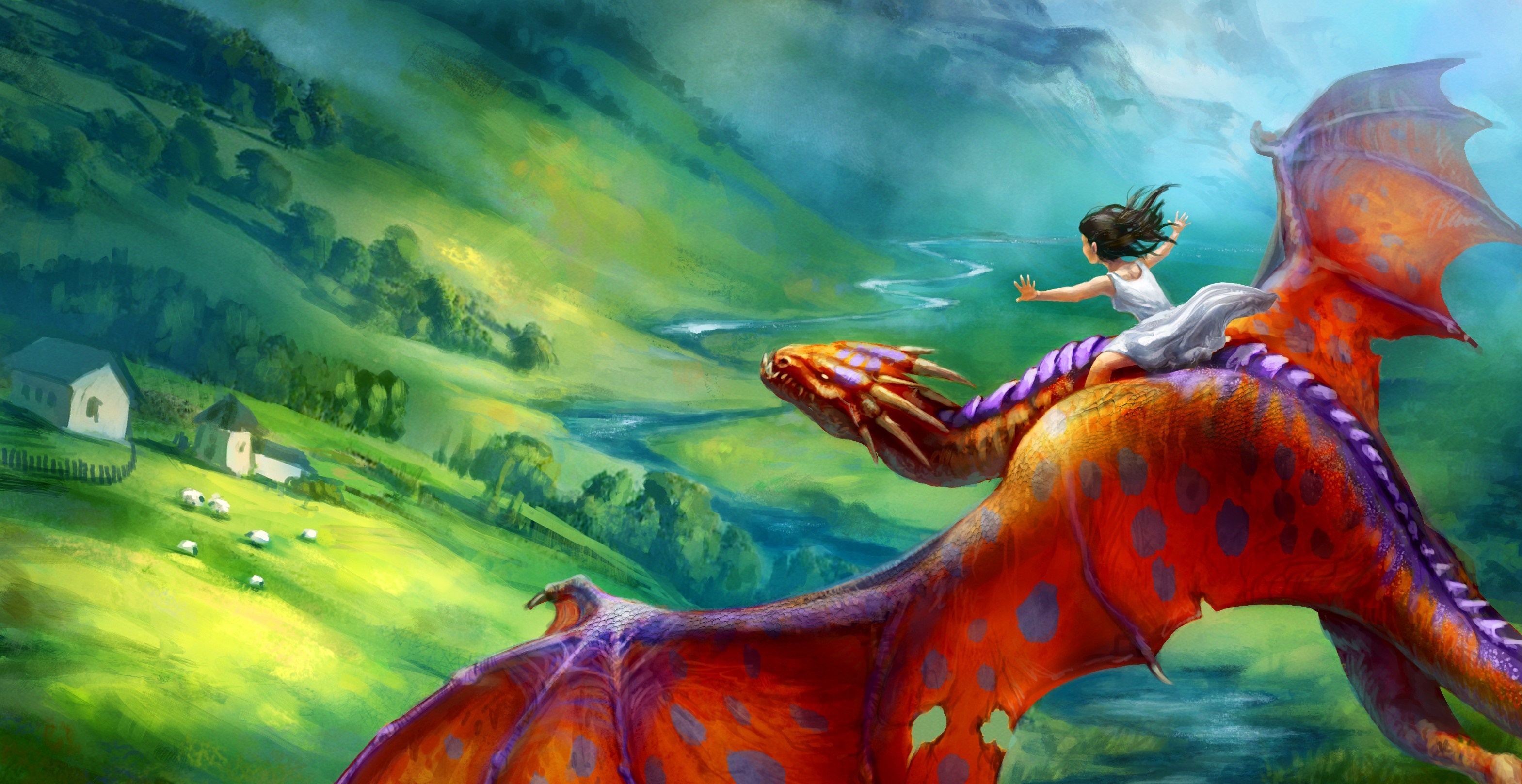 Girl riding a dragon over a green valley HD Wallpaper