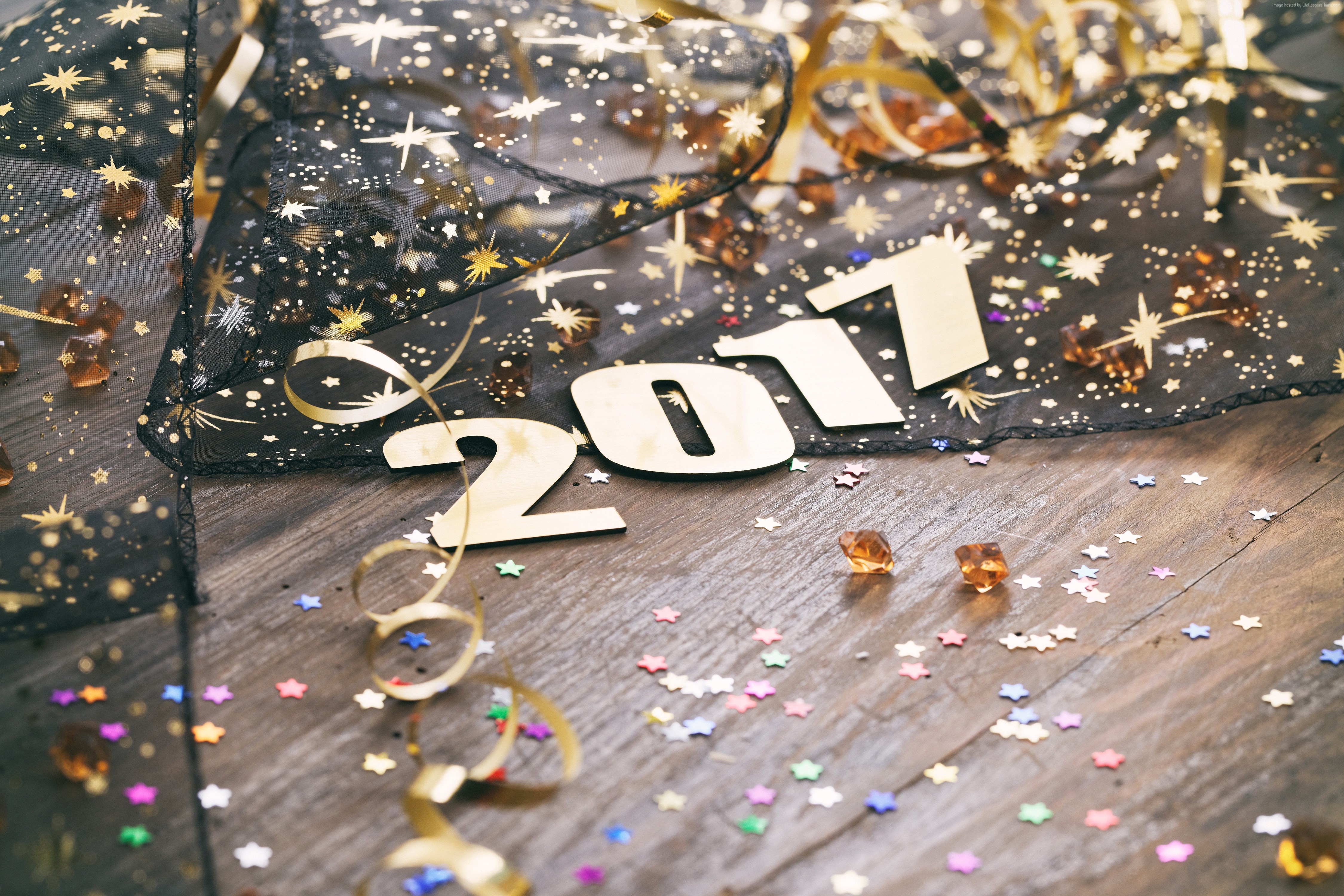 2017 New Year celebration with ribbon and confetti HD Wallpaper
