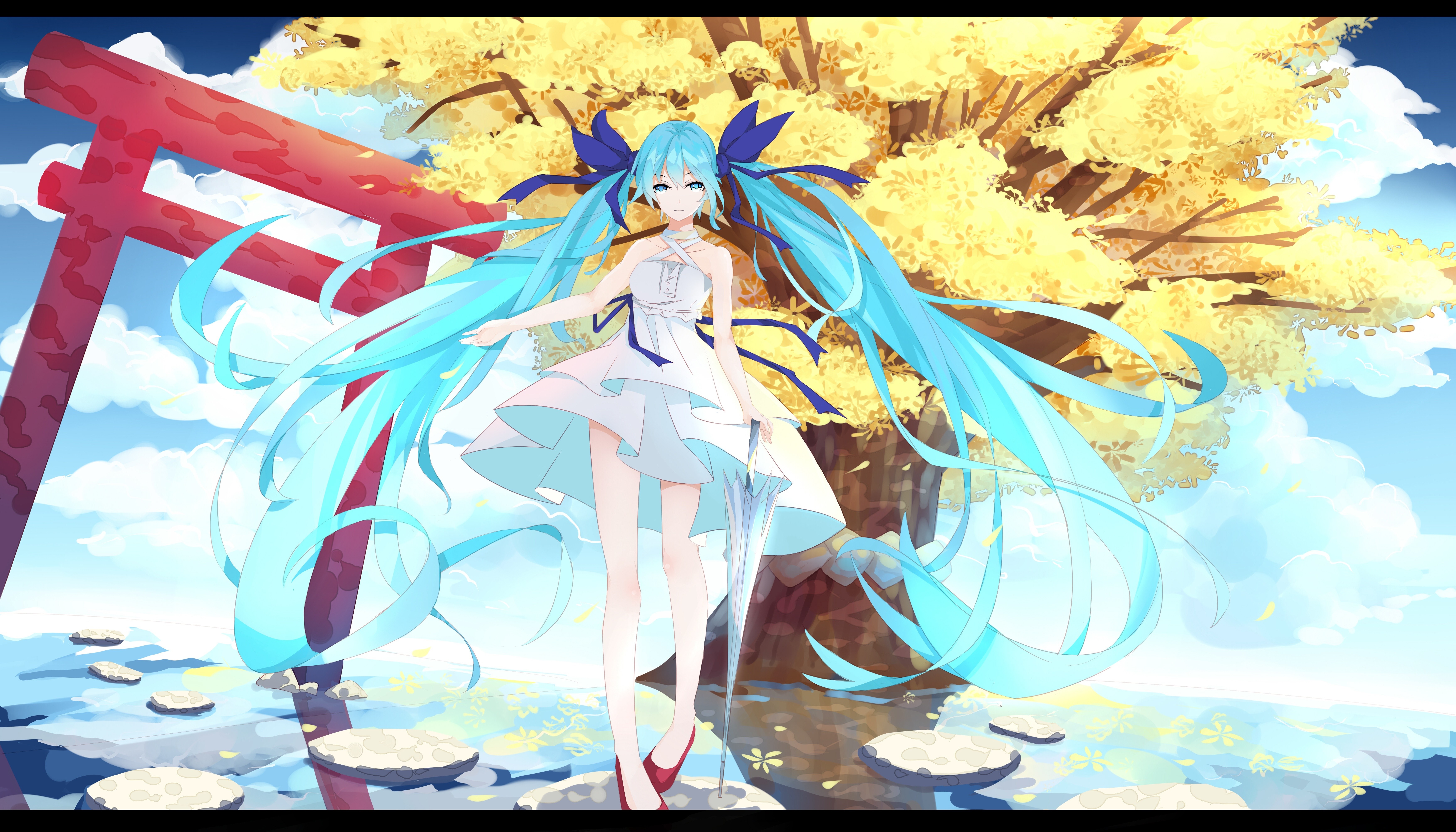 Hatsune Miku in a white dress near a torii gate HD Wallpaper