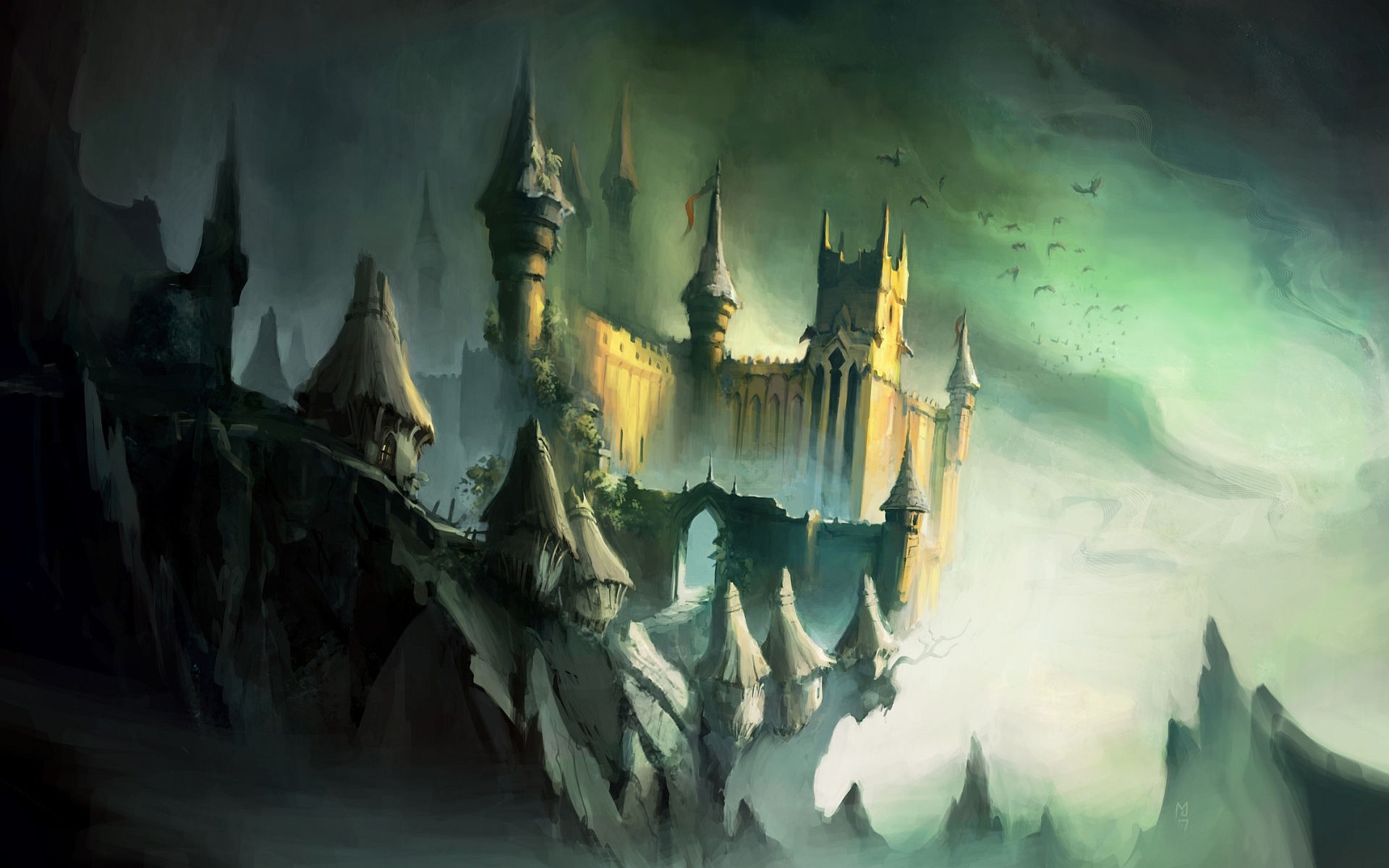 Fantasy castle on a rocky cliff with green mist HD Wallpaper