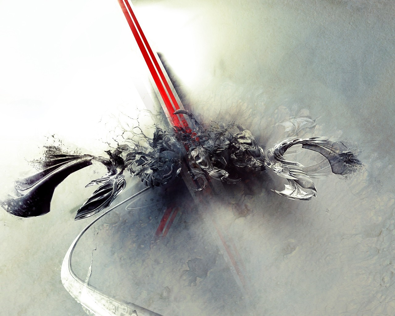 Abstract digital art with red lines and metallic forms HD Wallpaper