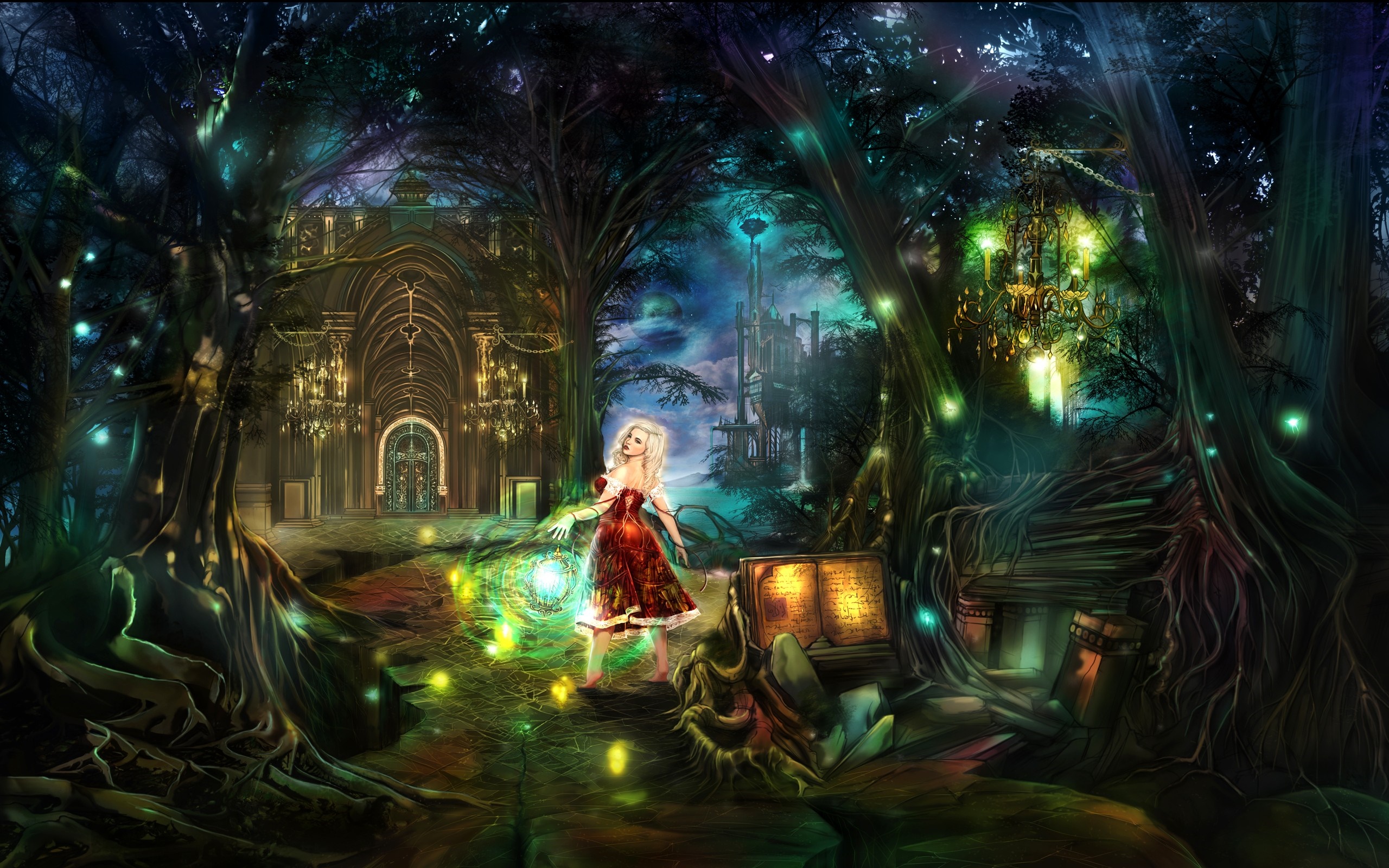 Fantasy forest with a girl and a castle HD Wallpaper