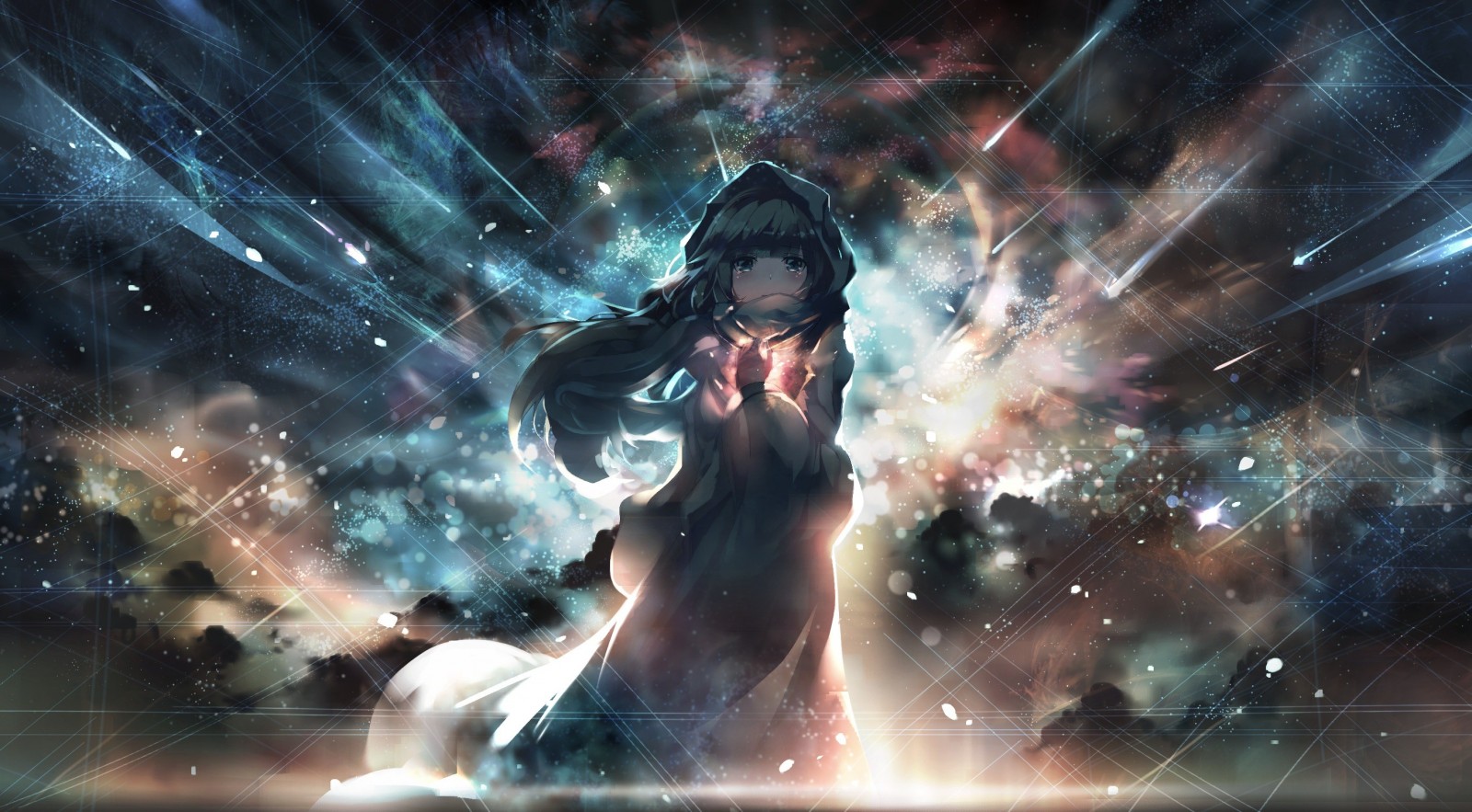 Anime girl in a hood in space with nebulae HD Wallpaper