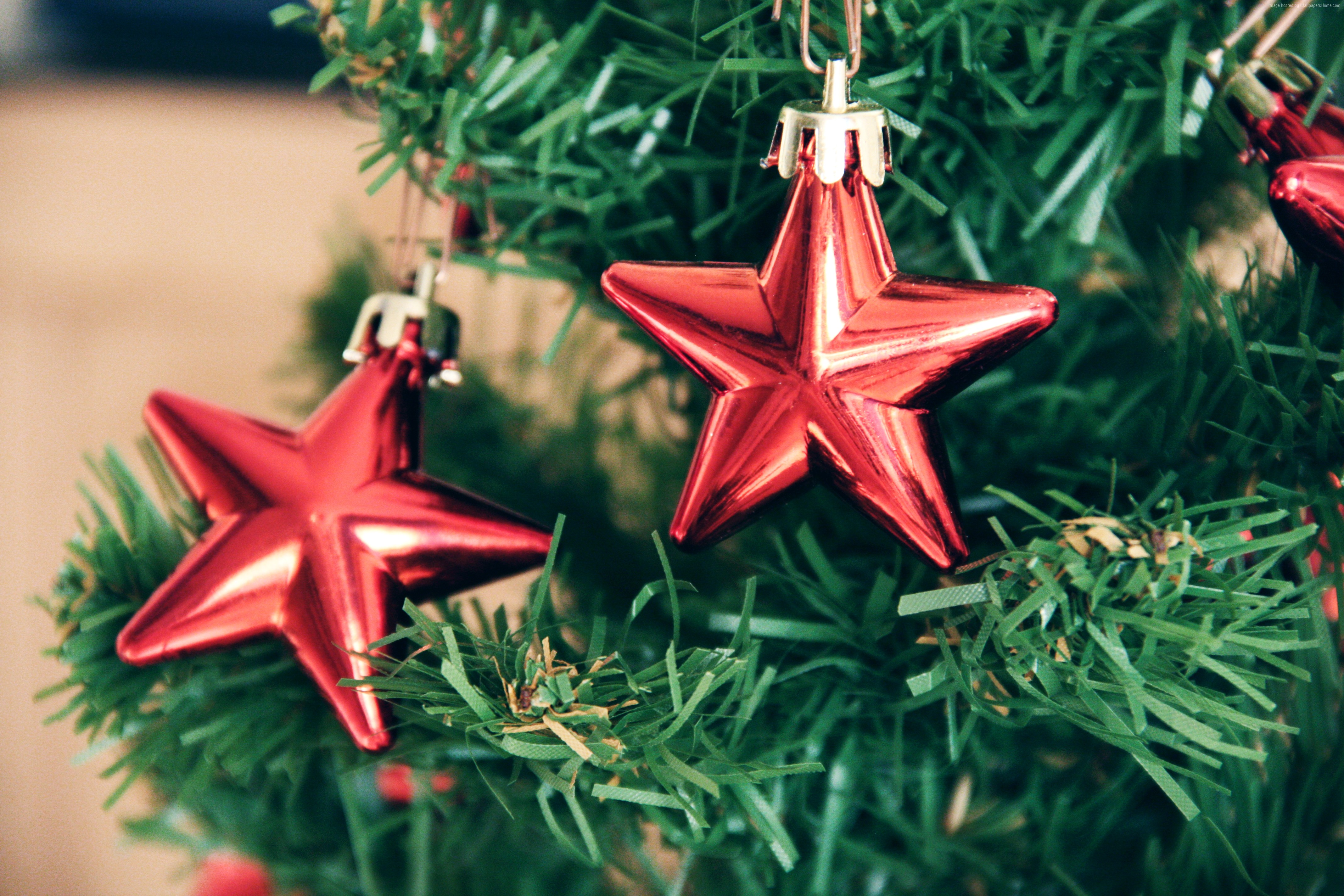 Red star ornaments on a Christmas tree HD Wallpaper