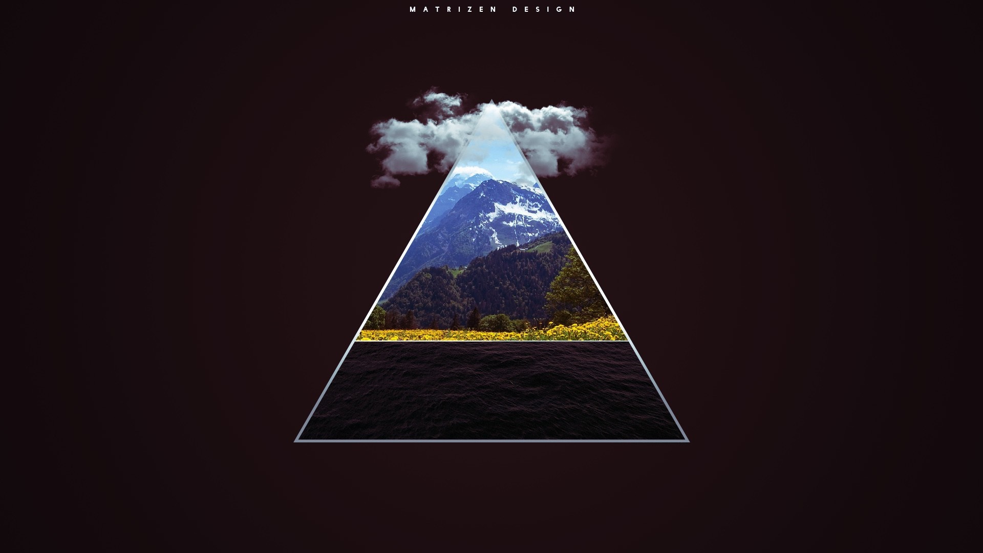 Triangle with mountains, clouds, and water HD Wallpaper