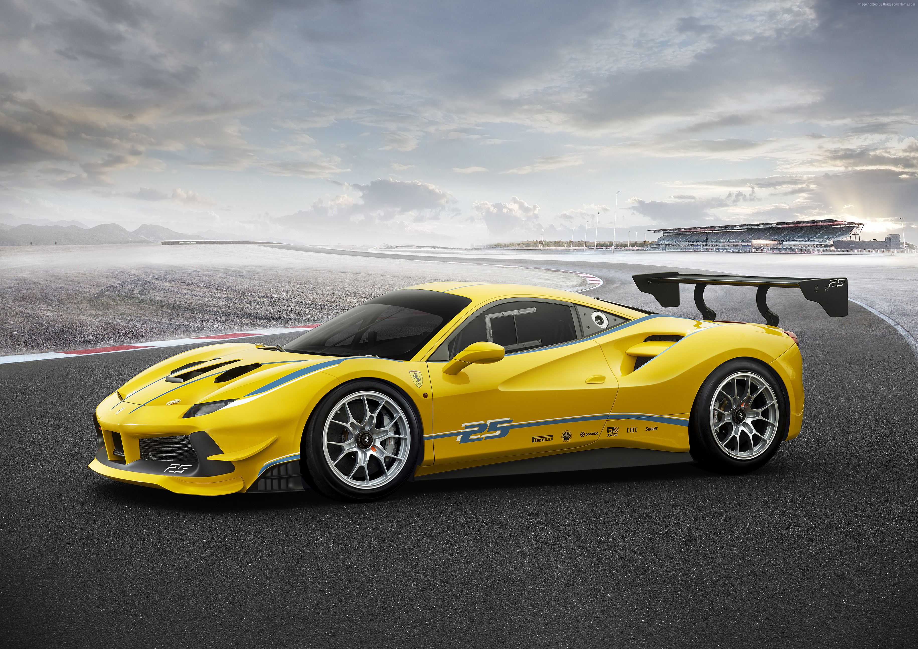 Yellow Ferrari 488 Challenge race car on track HD Wallpaper