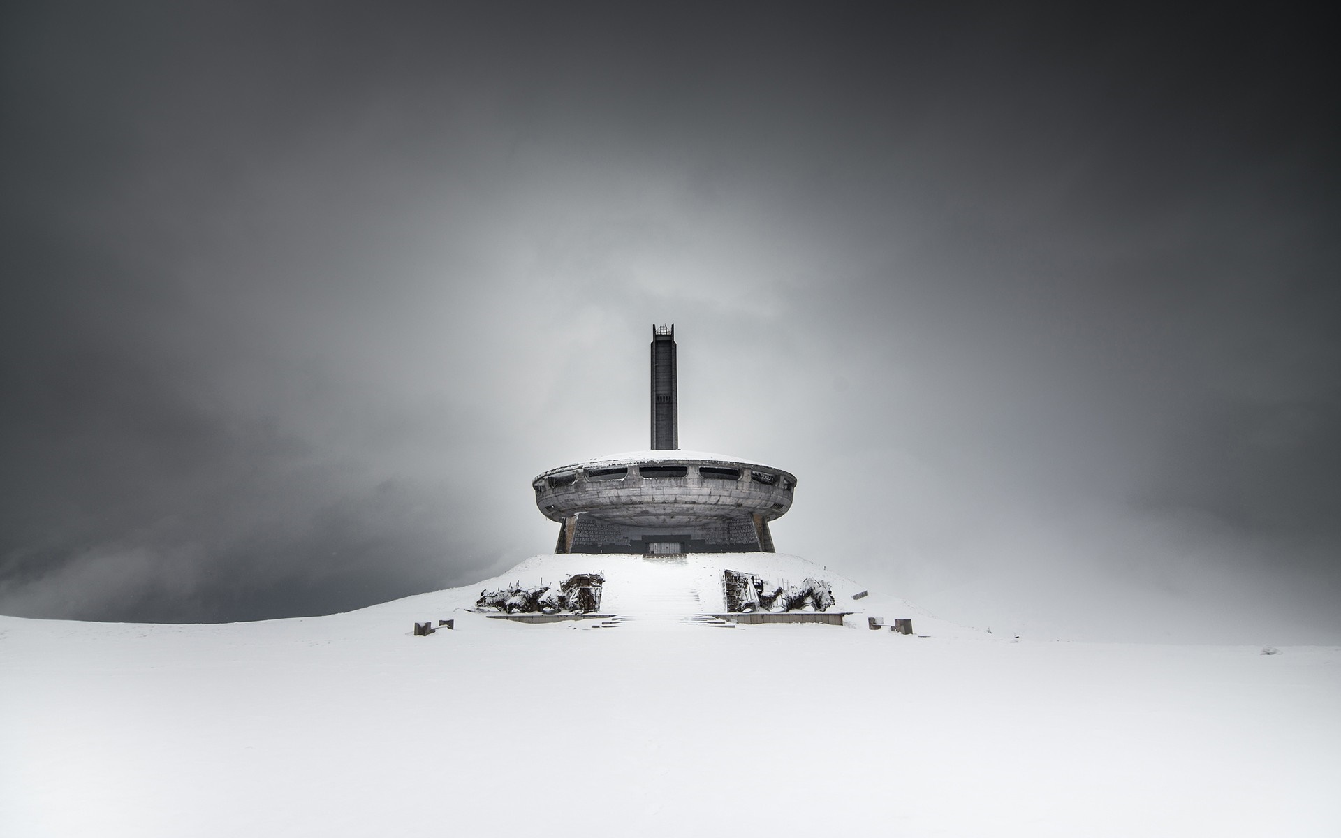 Buzludzha Monument in snow, Bulgaria HD Wallpaper