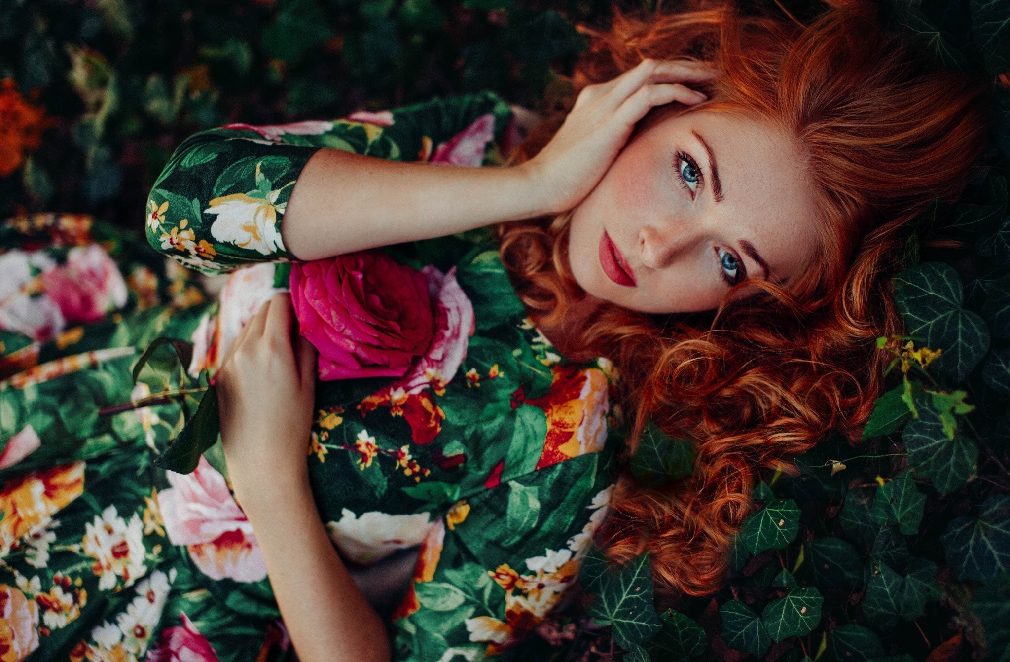 Redhead woman in floral dress holding a rose HD Wallpaper