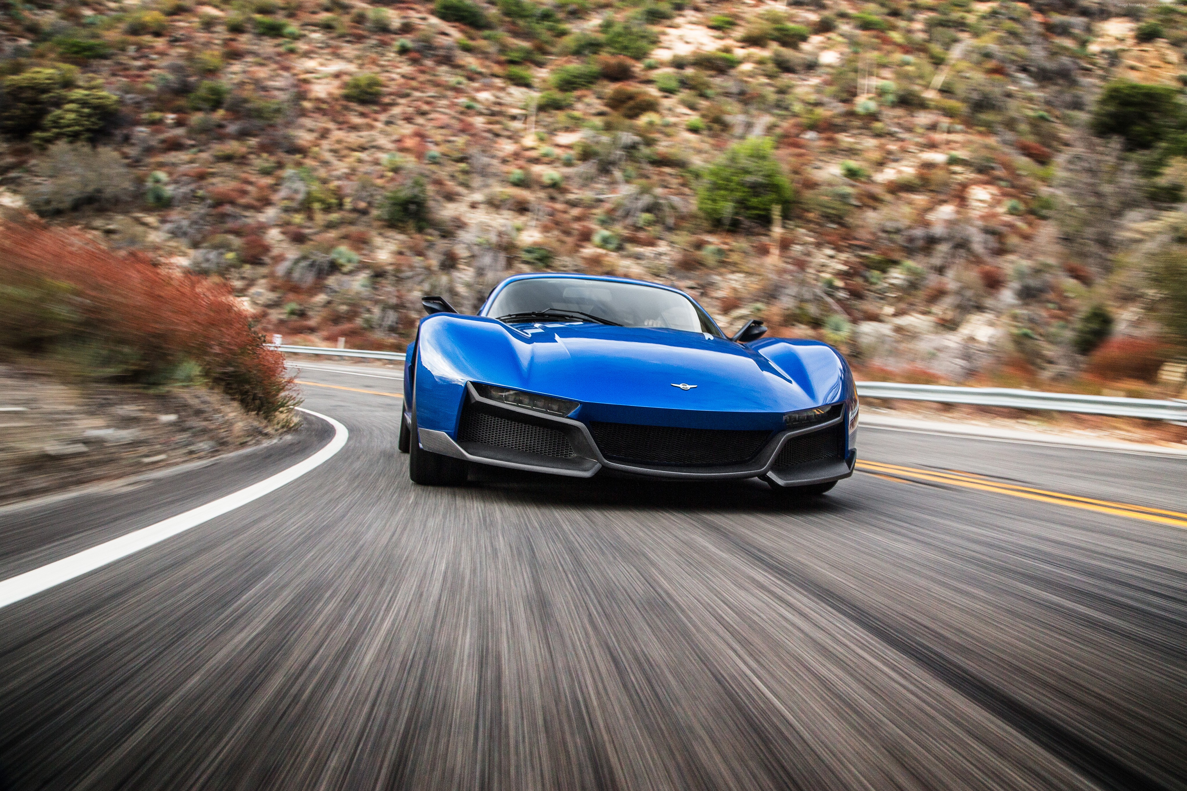 Blue Rezvani Beast Alpha supercar on a winding road HD Wallpaper