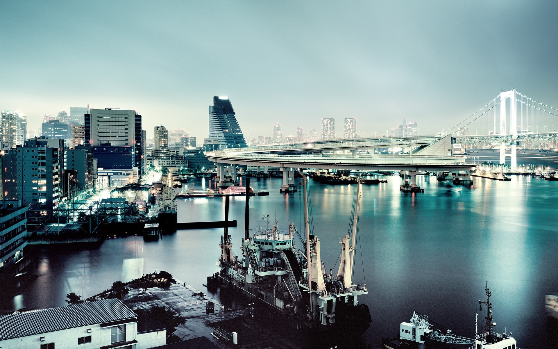 Tokyo cityscape with Rainbow Bridge and harbor at night HD Wallpaper
