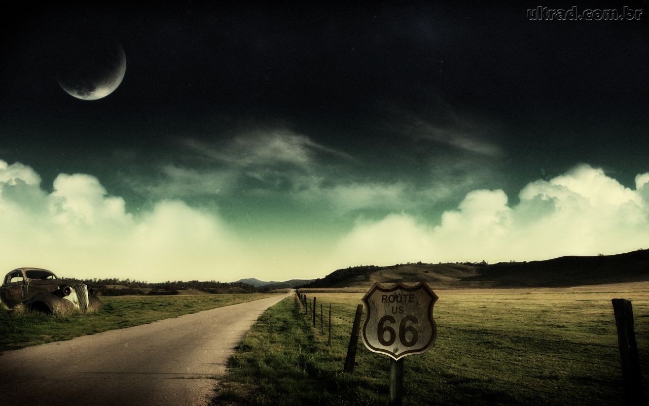 Route 66 sign and abandoned car at night HD Wallpaper