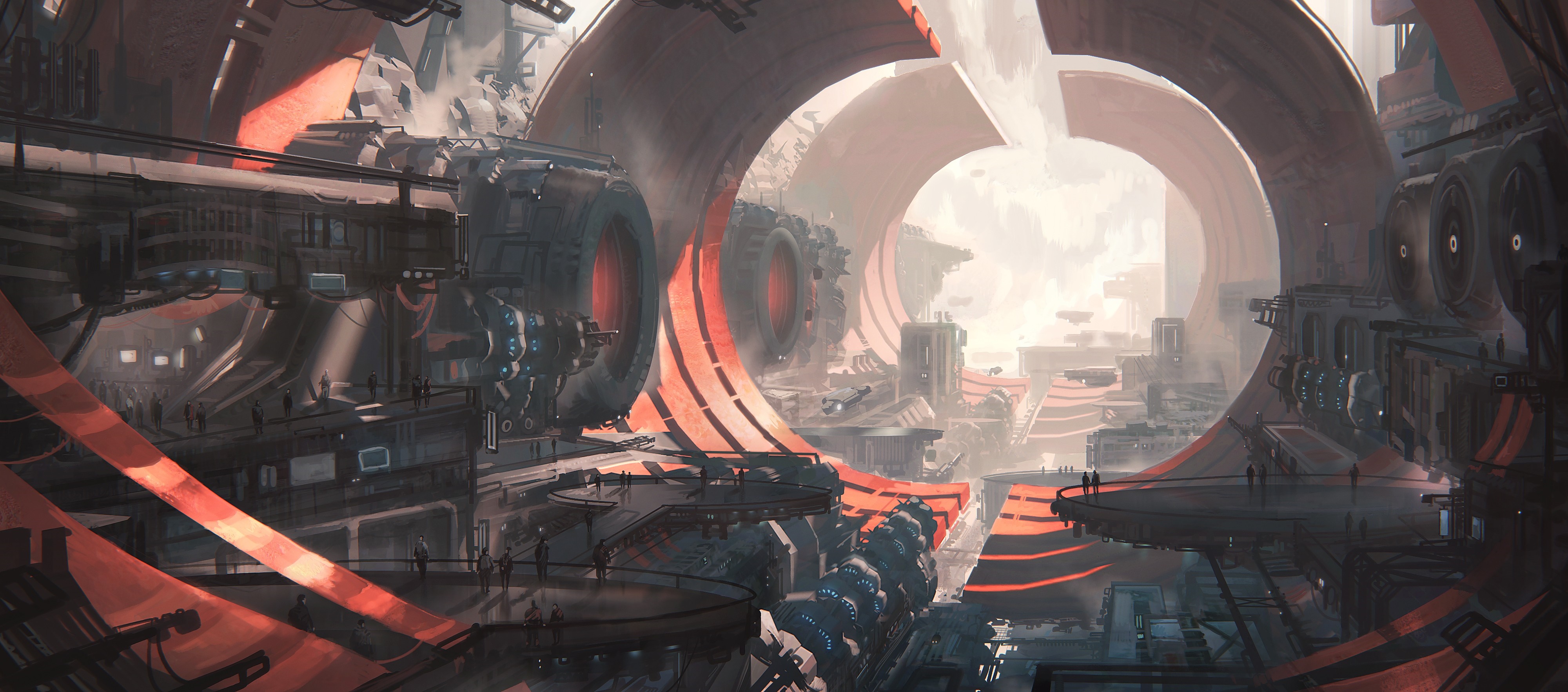 Futuristic industrial port with large circular structures HD Wallpaper